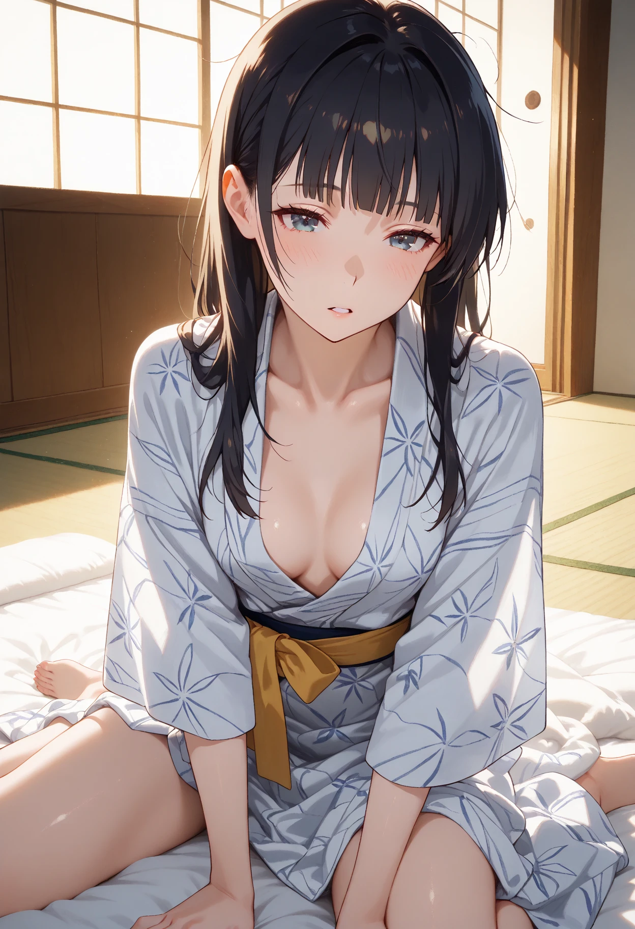 best quality、The limbs are intact、Whole finger、1 beautiful woman、beautiful plump woman:1.3、Brunette woman、Straight-haired woman、((Woman wearing bathrobe in hotel:1.5))、The hotel's Japanese-style rooms、、Smile, Octane Render