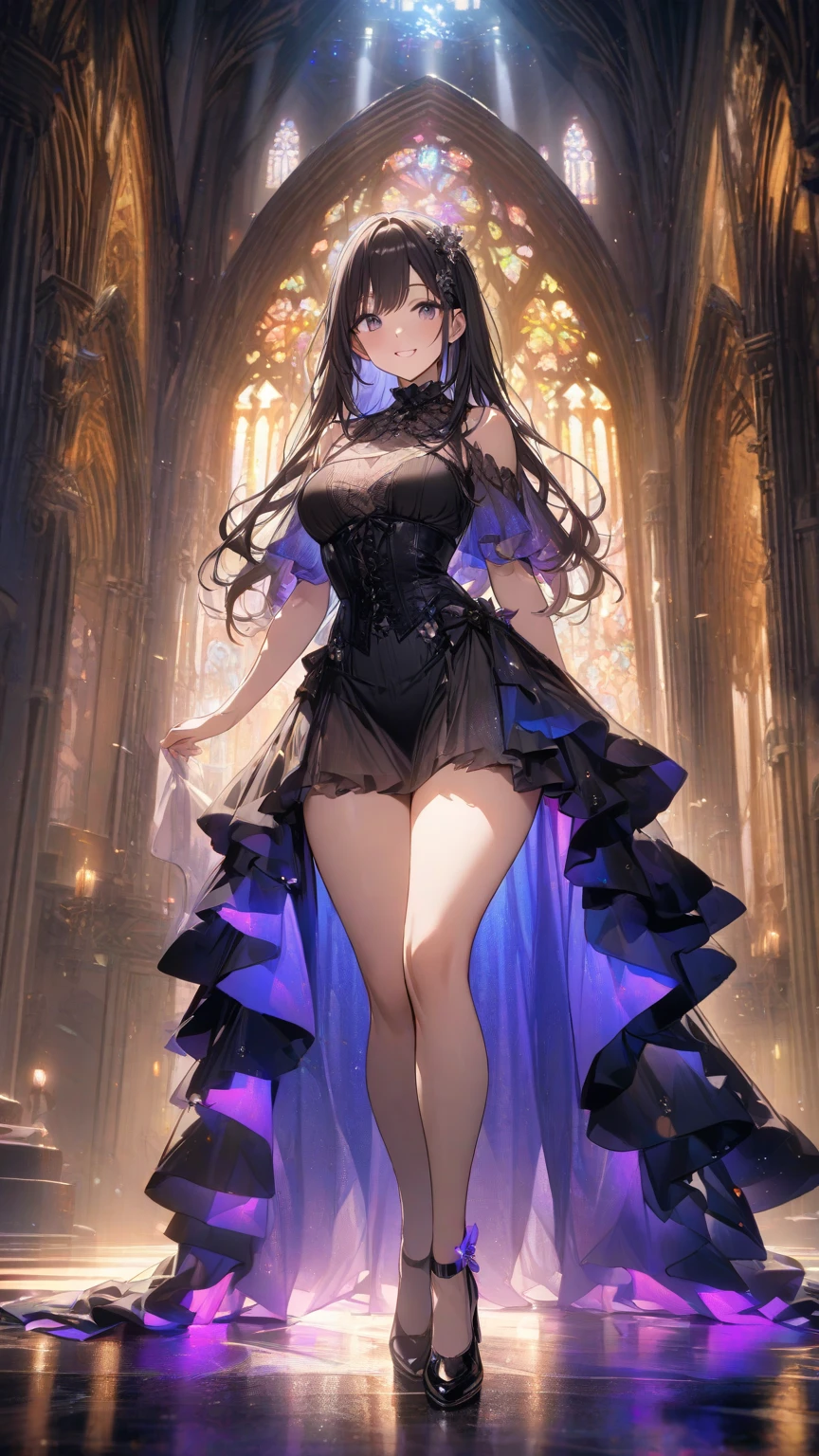 Perfect face, Masterpiece, ultra detailed, beautiful,Super Saturation,1 girl, (Evening dress:1.7), Long hair, Deluxe dress,whole body,glass shoes, stand in a church