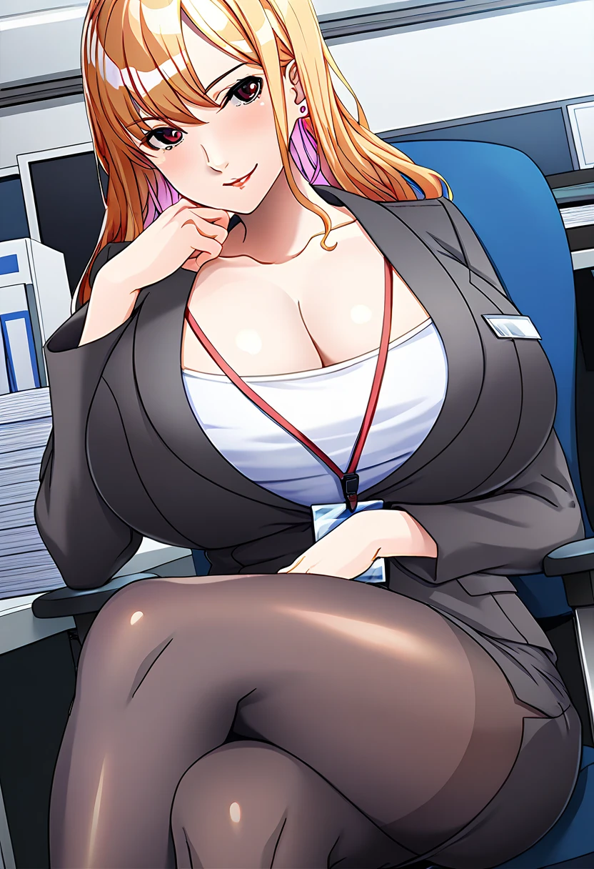 1girl, solo, milf, curly hair, short hair, orange hair, green eyes, freckles, glasses, collared shirt, cleavage, short skirt, black skirt, looking at viewer, seductive smile, sitting on desk, seductive pose, office