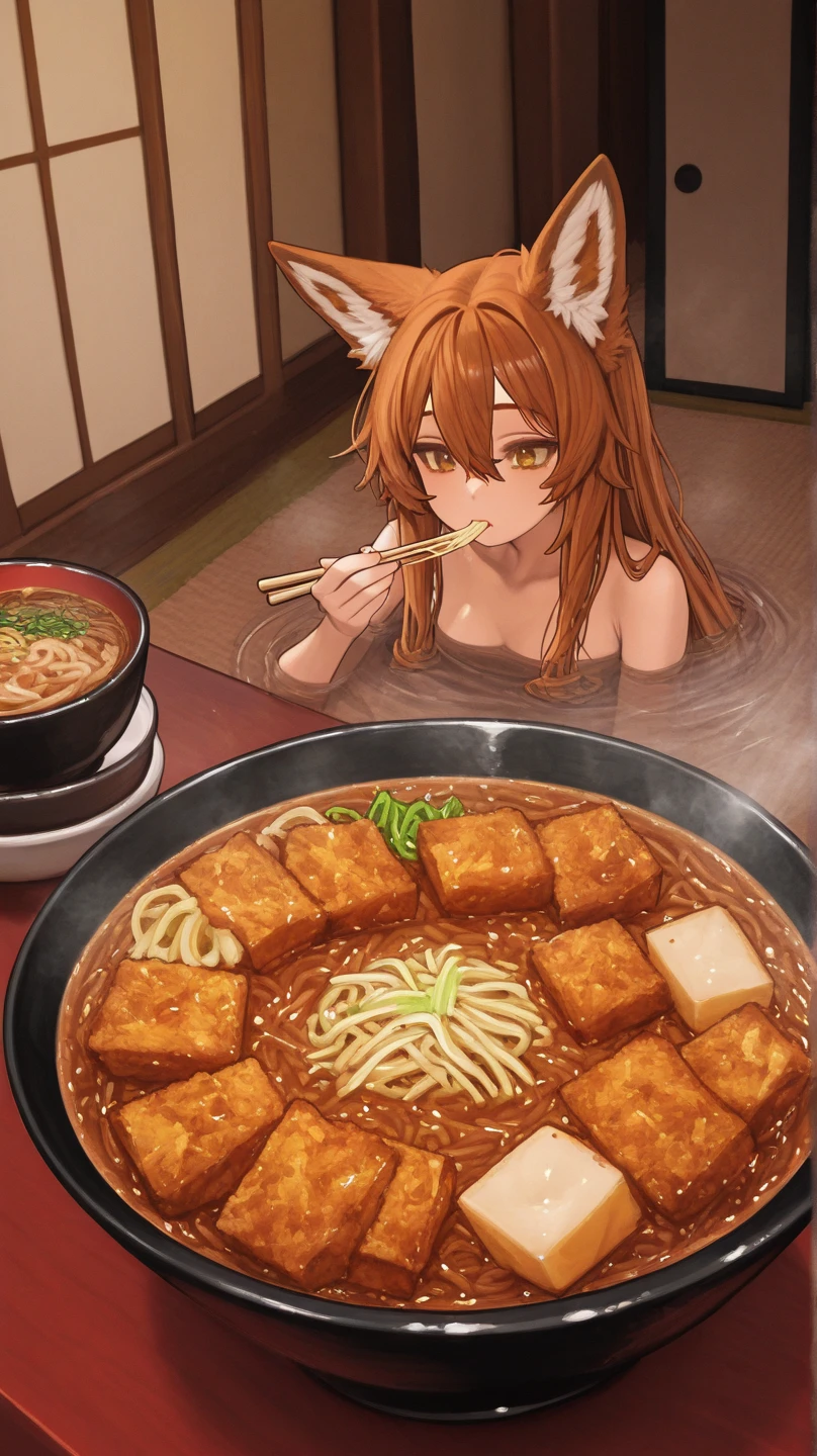 (masterpiece, top quality, best quality, official art, beautiful and aesthetic:1.2),
1girl, breasts, solo, animal ears, food, noodles, in container, large breasts, in food, nude, minigirl, orange hair, cleavage, smile, looking at viewer, blue eyes, ramen, eating, twintails, fork, aqua eyes, long hair,
extremely detailed,colorful, (dynamic pose),