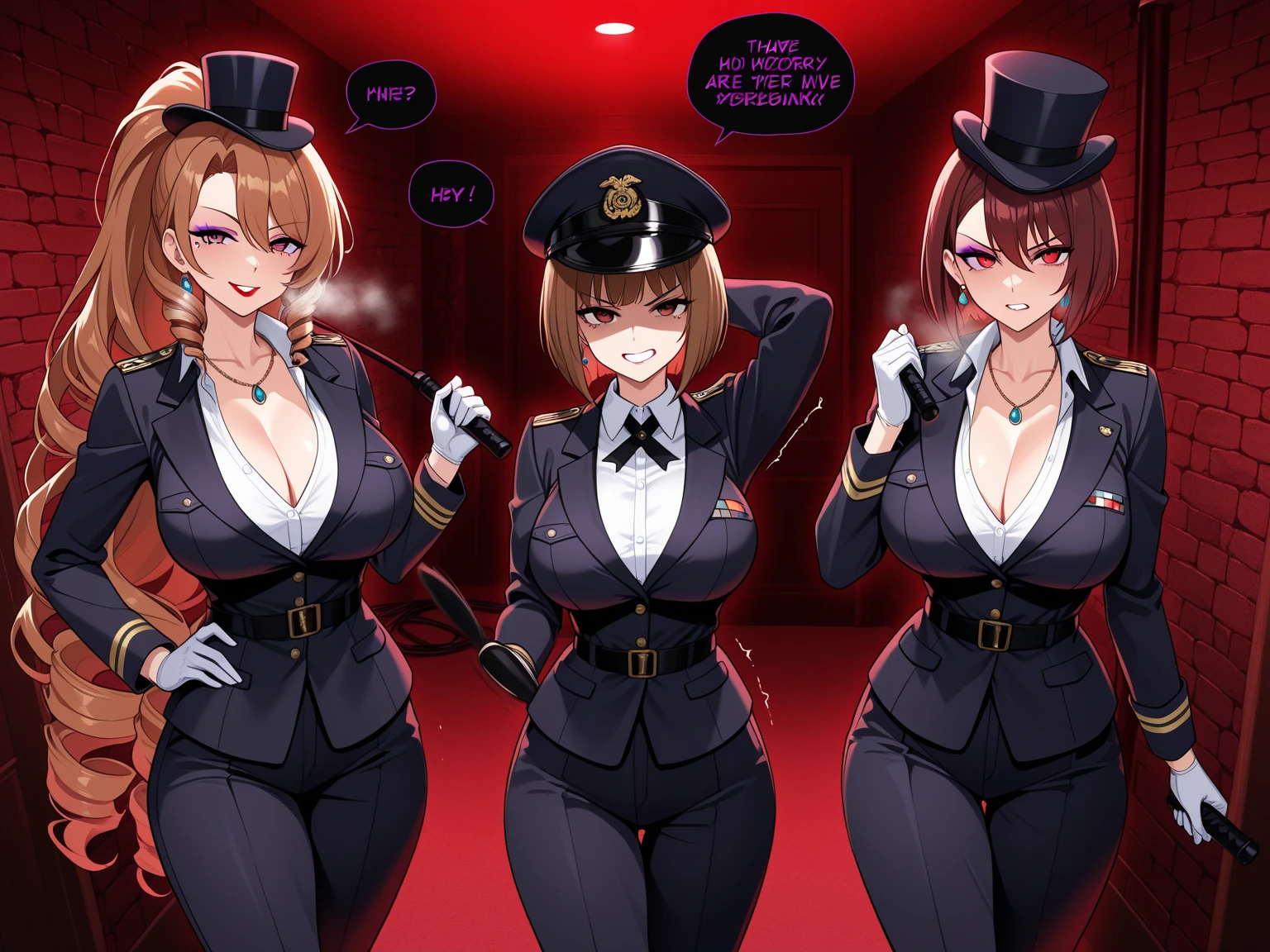 3girls, multiple girls, slender girls, GirlA, GirlB, girl next to girl, cowboy shot, from behind, backturn, ass, hugging,
posing, happy smile, teeth, ((sitting down)), stage,
earrings, necklace, bracelet, lipstick,
4k, masterpiece, top-quality, hi-Res, best quality, absurdres, highly detailed,
BREAK, GirlA, young, doll face,
pixie-cut, ears on view, round glasses,
(huge breasts:1.2), symmetrical breasts, black leather bikini, string thong, black beret, black leather long gloves, black leather long boots,