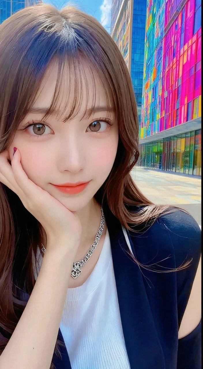 seed:4195271995,((Full Body Angle:1.１)),((Highest quality, 8K, masterpiece: 1.3)), concentrated: 1.2,Front hair:1.3, Cute girl 1,Nipples erect、 Perfect beauty: 1.4,Colorful ribbed knit half-zip T-shirt、Shorts,: 1.2,Randall Color、comics＆Text Graphics、Black,1.1, Highly detailed face and skin textures, Fine grain, double eyelid, whitening skin, ,Highest quality,Ultra-high resolution,you,1 girl,alone,_Shiny_skin,Iris,necklace,((brown_length_Wavy_hair)),(lips)),eyelash,Front hair,deal with,compensate,Shiny,pore,skin big breasts、smiling face、Front hair、Walking in the park、walk