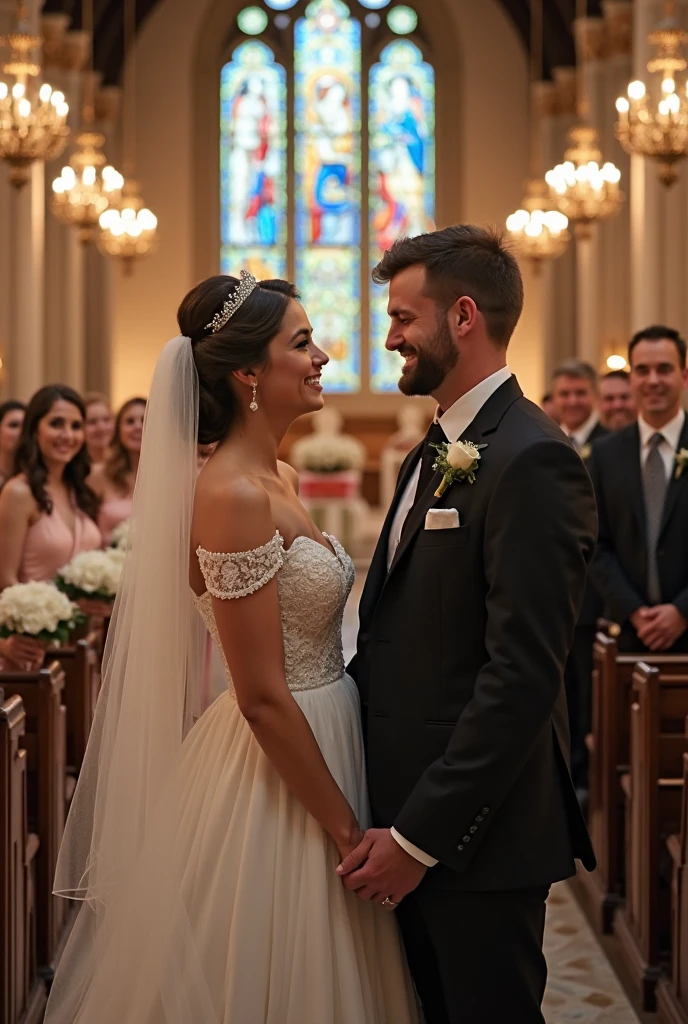 Cover for romantic novel where beautiful bride and groom positioned at the center, in front of Priest in beautiful and elegant church with soft lighting and full off guests. Bride and Groom stands separate. Cinematic action scene, highly detailed, wide shot, Low Angle Shot, 4K, highly detailed, epic scene, dynamic scene. PEYGAN SINCLAIR, a handsome man in his early 30s. The man looks elegant and stylish. He has a well-styled haircut featuring a classic look. His hair is medium-length on top with a slight wave, adding volume and texture, while the sides and back appear shorter and neatly trimmed. The hairstyle is likely achieved with a side part, giving it a clean, refined appearance.His beard and mustache that complements his strong jawline. His skin tone is fair, and his features are sharp and defined. He is dressed in a classic black suit with a white shirt and bow tie. His facial expression is calm and focused. His eyes are nearly closed. Overall, the man gives the impression of an elegant, well-groomed, and confident person. The Priest stands between the MALEFICENT DANICA and PEYGAN SINCLAIR, reciting vows. The lighting in the scene creates a soft outline of their profile, adding drama and depth to the image.