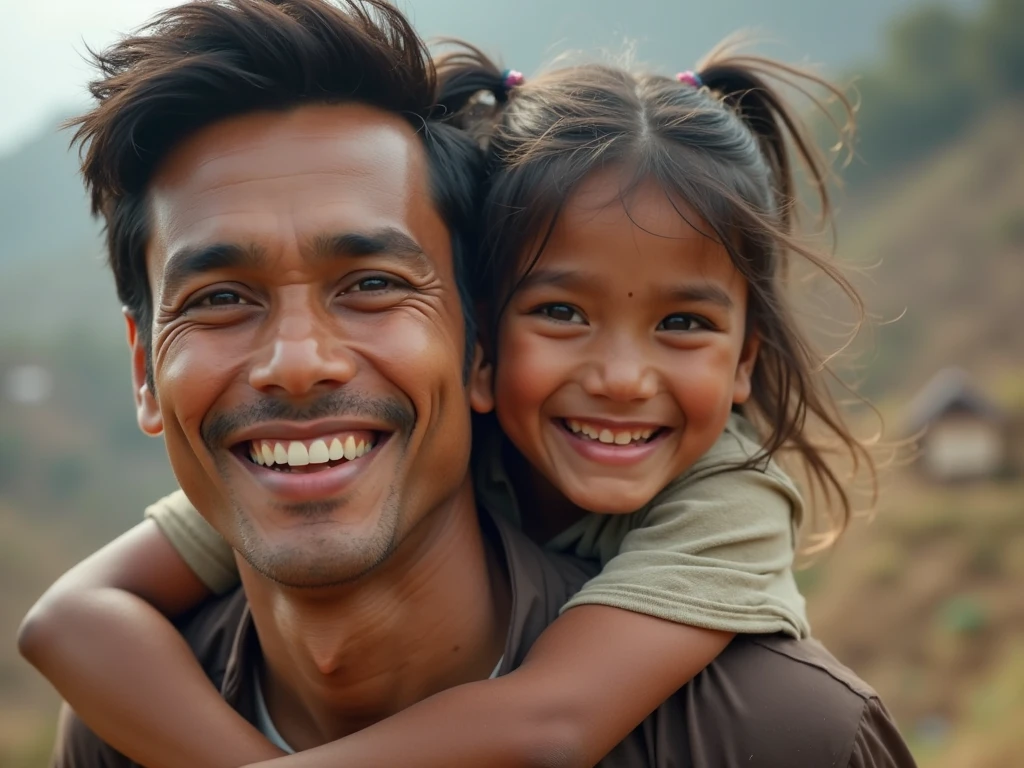 Beautiful and smiling Typical indian village ragpicker young woman carrying a large man on her head, man is sitting on her shoulders, nearby a river