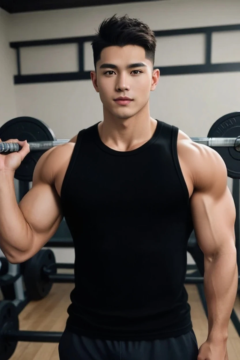 Asian men's gym wears a full tank top , musculoso, altura 190 cm, ombros grandes, Large, muscular feet, (Detalhe do Draw Eye), (Realismo de Hentail)