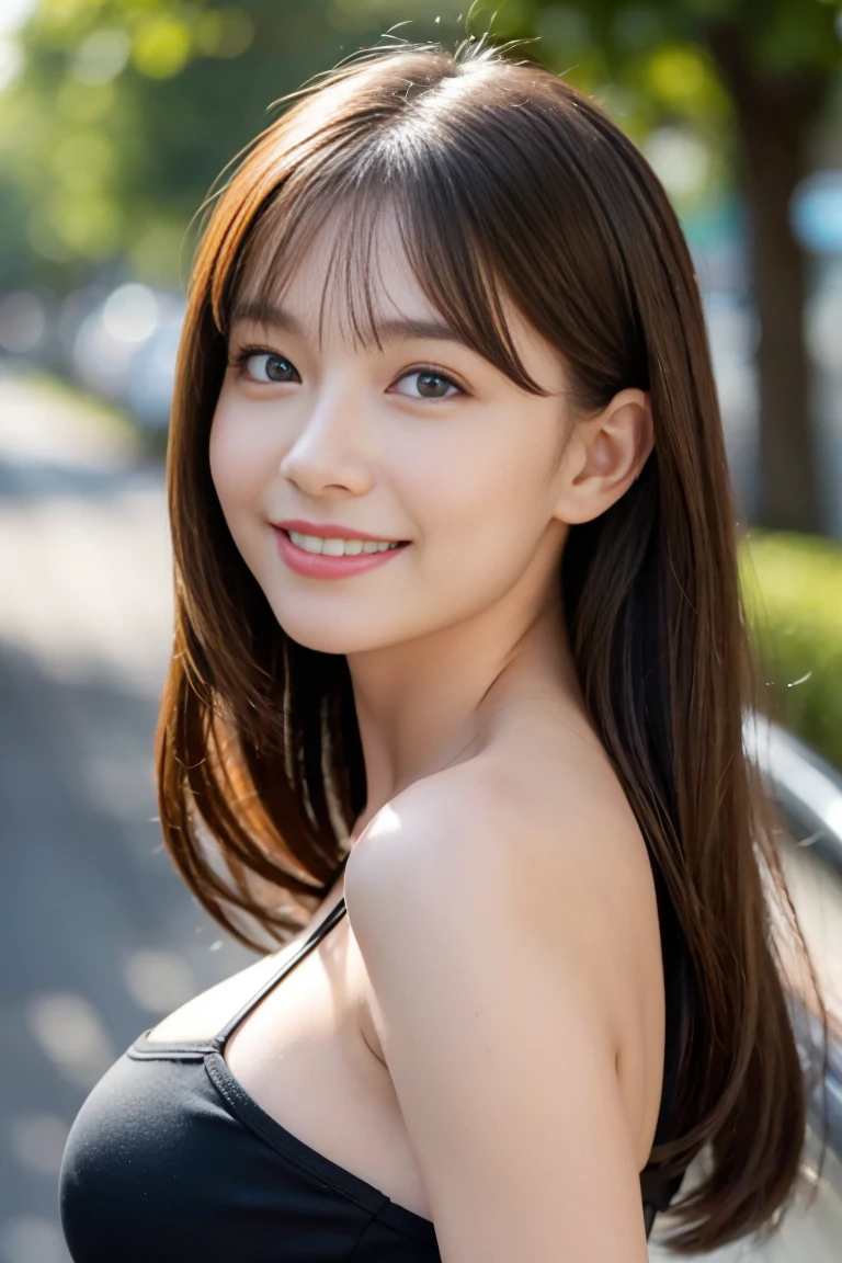 (Best-quality, Masterpiece, Ultra-High-Resolution, (Photorealistic:1.5), Raw Photo, depth of field, professional lighting, perfect , extremely details), 1girl, 15-years-old, the most famous Japanese idol, ((extremely beautiful and extremely realistic skins):1.4), wearing summer-dress, (extremely cute realistic-face, ((extremely cute and extremely big realistic-eyes), extremely cute realistic-hair), innocent smile, selfie
