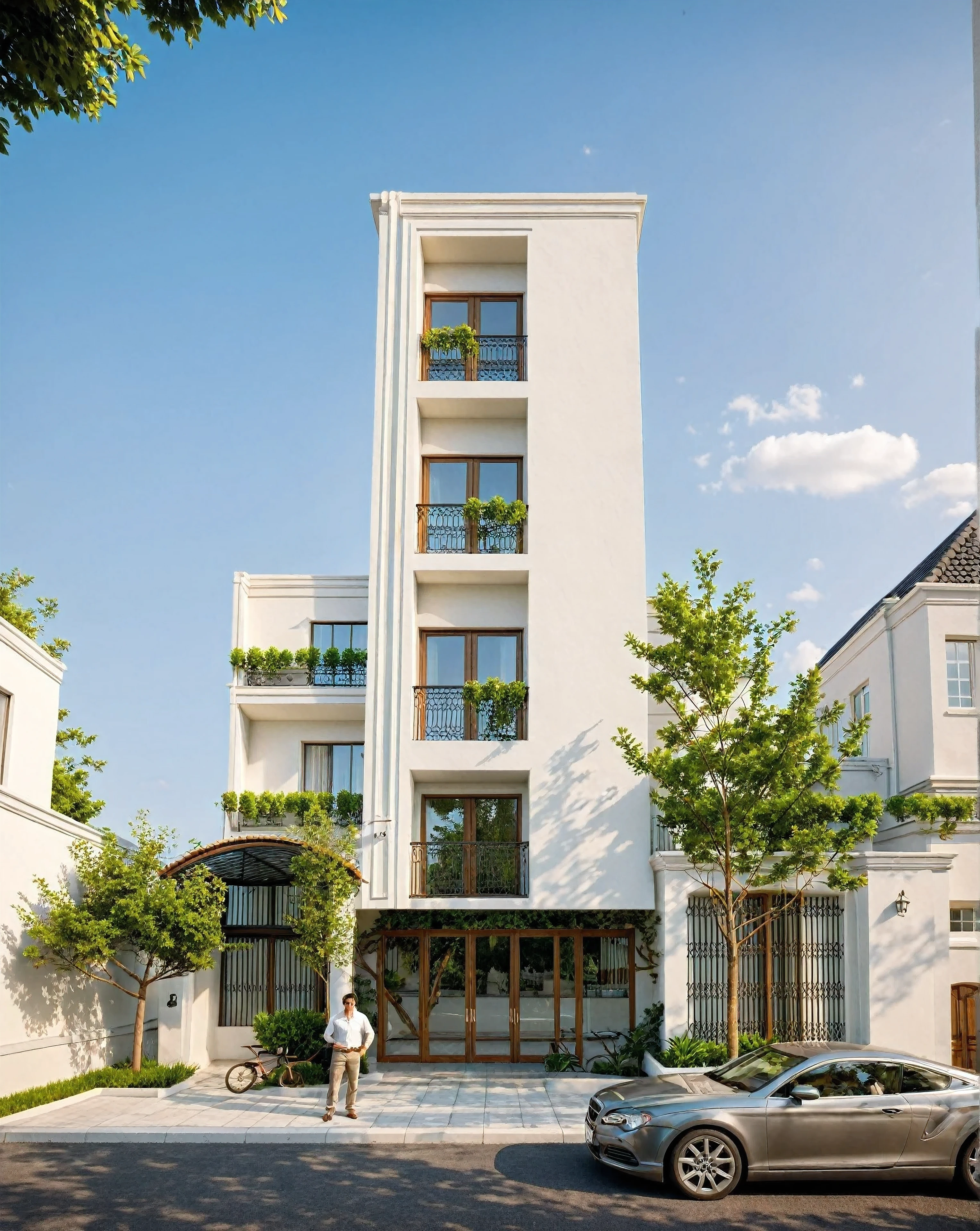 The image depicts a neoclassical two-story house with a white facade and tiled roof. Key features include:

- **Structure and Design:** Rectangular shape, elegant neoclassical details like decorative moldings and a small balcony.
- **Roof:** Dark-colored tiled roof with decorative finials.
- **Entrance:** Large arched doorway with carved wooden double doors and formal steps.
- **Windows:** Dark-framed, regularly spaced for symmetry.
- **Balcony:** Ornate metal railing and space for potted plants, covered by a white pergola.
- **Landscaping:** Greenery including trees and shrubs softens the architecture; stylized trees near the entrance.
- **Wall and Gate:** Low decorative wall encloses the property with a likely gate for access.

Overall, the house exudes classic elegance, complemented by landscaping and promotional context in Vietnamese., Best Quality,Masterpiece, UHD, 8k, Stunning,Eye-catching,Sharp edge render, Award winner design in 2024, Photorealistic, High-Resolution, Detailed, Accurate, Vibrant, Dynamic Lighting, Textured, Perspective, Atmospheric, Contextual, Balanced Composition, Material Realism, Interactive, Immersive, Narrative, Minimalist