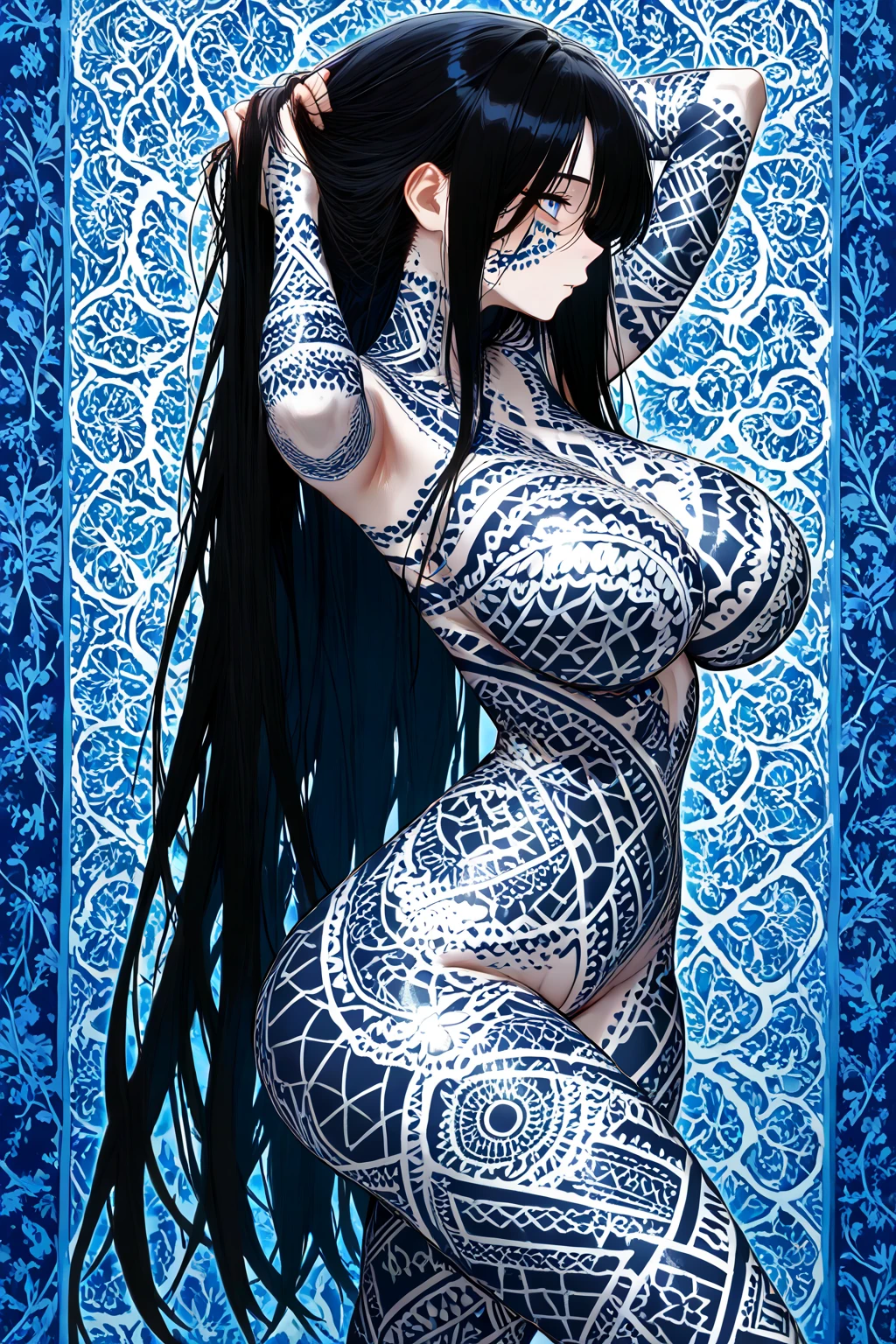 Nico Robin, One Piece, absurdres, highres, ultra detailed, ultra-detailed background, detailed background, extremly detailed, 1girl,bunch of flowers, (zentangle:1.2), (geometric:1.2),  blue and gold color palette, monochromatic gold and blue, big breasts, cleavage, sideboob, lingerie, realistic depiction, portrait, close up, straight on, standing, contrapposto, thigh highs,