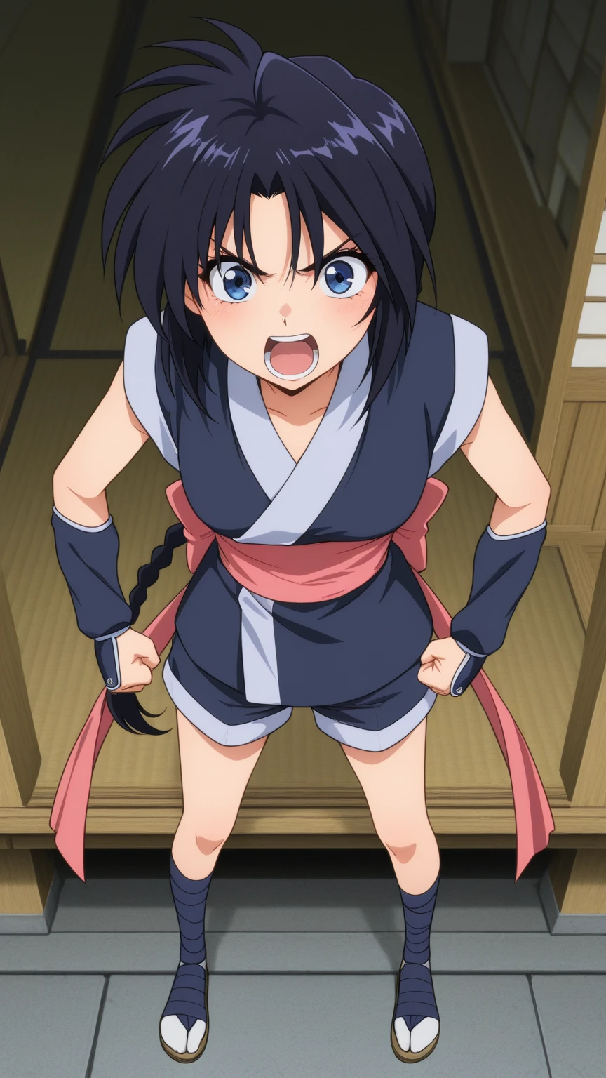 masterpiece, best quality,1girl,single braid,black hair,long hair,blue eyes,japanese clothes,short sleeves,blue short kimono,pink bow,sash,torn clothesblush,scranched teeth,embrrassed,scowl,tears,empty eyes,annoyed,slim body,small breast,sweat,restrained,arms behind head,arms up,bound,chain,chained,defeat,bdsm,imminent rape,rope,shibari,cowboy shot,handcuffs,shackles,indoor,japanese roomwooden_horse,rub crotch,torture,heavy,breath,trembling,from below, masterpiece, best quality, highres,