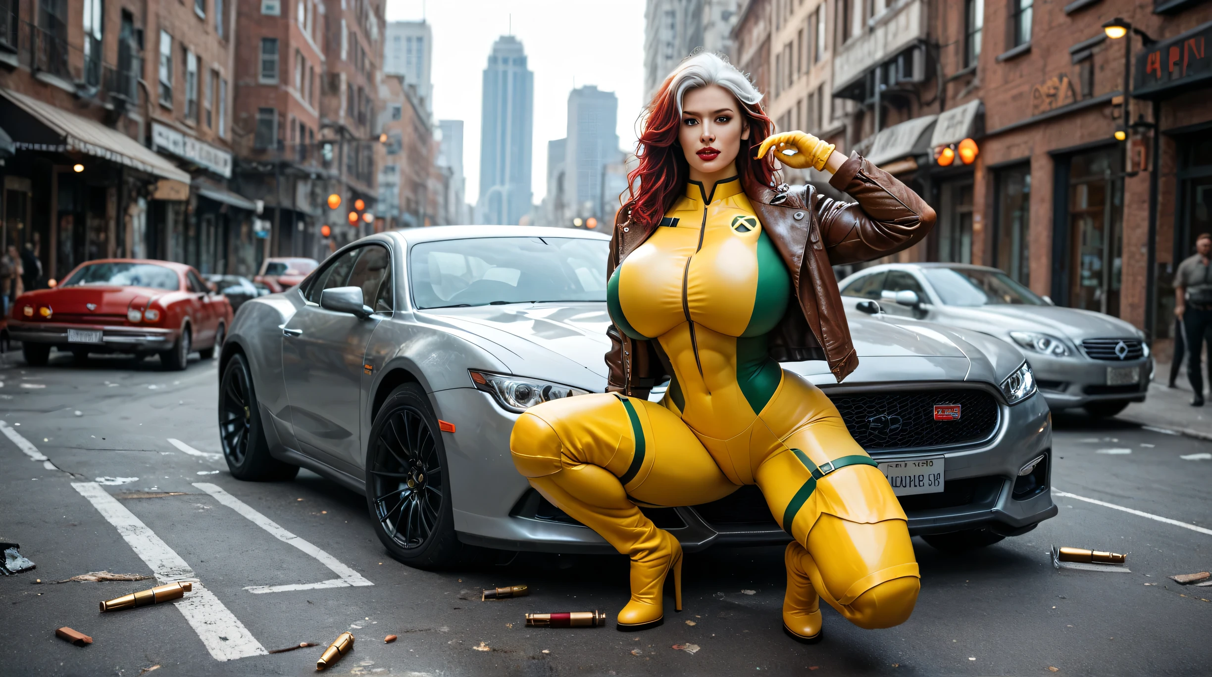1girl, 35mm masterpiece, best quality, super high resolution photorealistic bokeh shot of xmen_rogue, long red hair with white streak, extremely curvy frame, hyper detailed, intricate facial details, gigantic breasts, huge ass, wide hips, thick thighs, green and yellow bodysuit with leather jacket and gloves, knee high boots, very muscular, crouched behind a wrecked car for cover as bullets tear through the metal, chunks of concrete and glass flying around her, city street engulfed in chaos, headlights and fire illuminating the scene, cinematic gritty action shot
