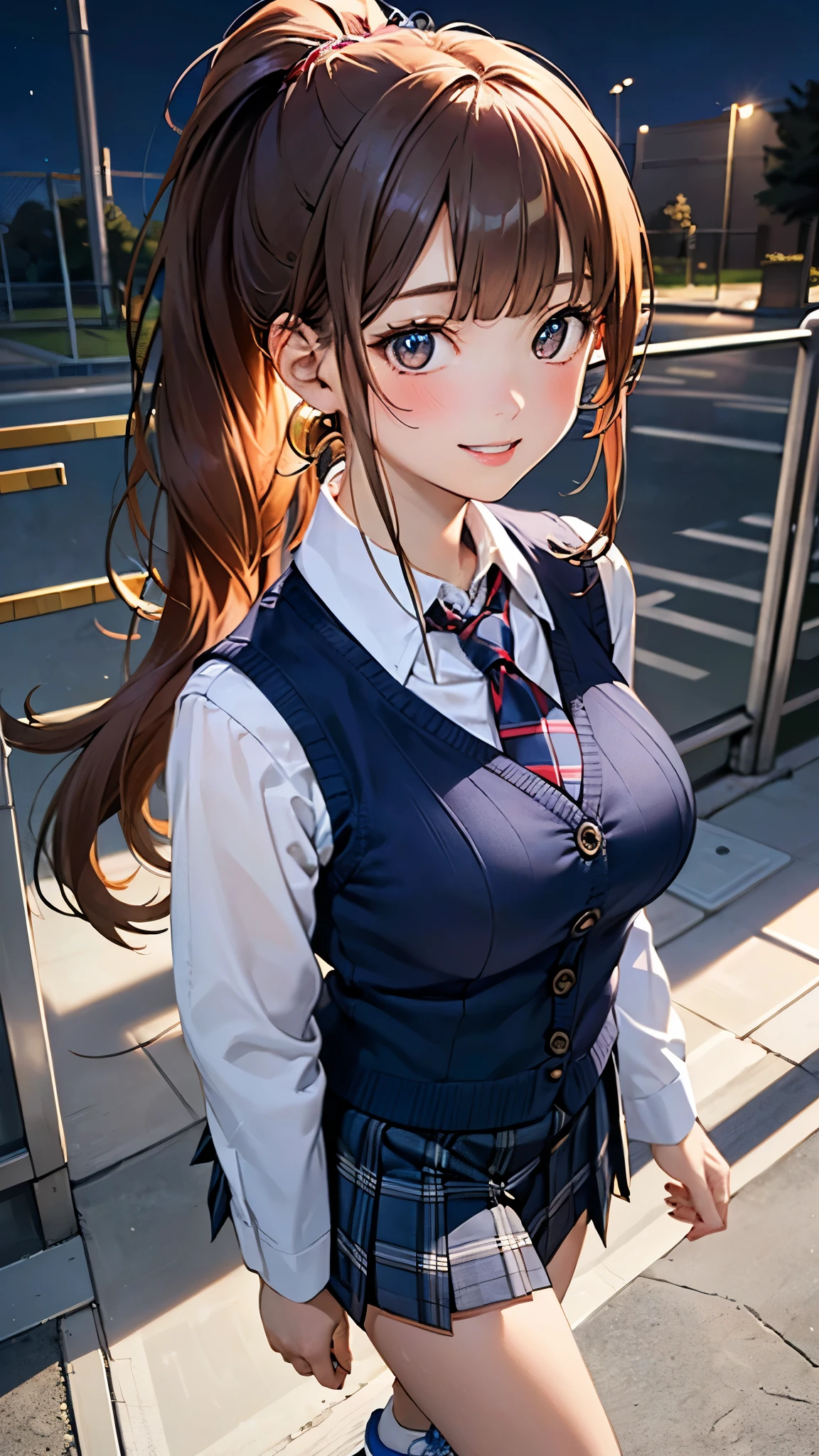 (masterpiece:1.3, top-quality, ultra high res, ultra detailed), realistic, photorealistic:1.5, beautiful illustration, perfect lighting, natural lighting, colorful, depth of fields, , ,
beautiful detailed hair, beautiful detailed face, beautiful detailed eyes, (perfect anatomy, anatomically correct, super detailed skin), white skin, shiny skin,
looking at viewer, 1 girl, high school girl, cute and symmetrical face, perfect face, perfect eyes, perfect body, face, cute face:1.2, tiny,
(long hair:1.5, ponytail:1.2, long sidelocks, copper tone hair), blunt bangs, gold eyes, long eye lasher, (large breast, seductive thighs), slender,
(detailed cloth texture), break (dark blue knit vest), break (blue sneakers, blue tie), break (grey plaid pleated micro mini skirt), break (long sleeve white collared shirt), break (navy tie), break
(beautiful scenery), summer, night, detailed background, (school gate:1.5), walking, (lovely smile, upper eyes, parted lips),