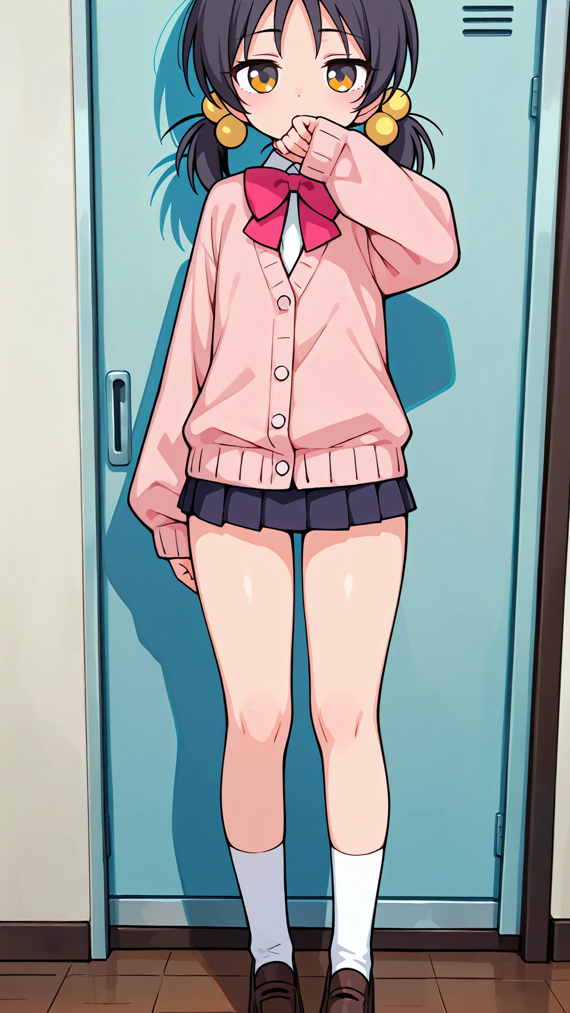 ((anime style)),nsfw,score_9, score_8_up, score_7_up, source_anime,high quality,detailed,high resolution,best quality,best detailed girl,masterpiece, 1girl , ((solo)),Kaai Yuki, a girl with dark hair, twin pigtails,cartoon-style outfit, light pink cardigan with a dark pink bow tie, ((((((black mini skirt)))))),(((white short sox))),(brown loafers),Art, Artstyle, Artist,(((((((A glimpse of her thighs))))))),((fair skin)),((standing))