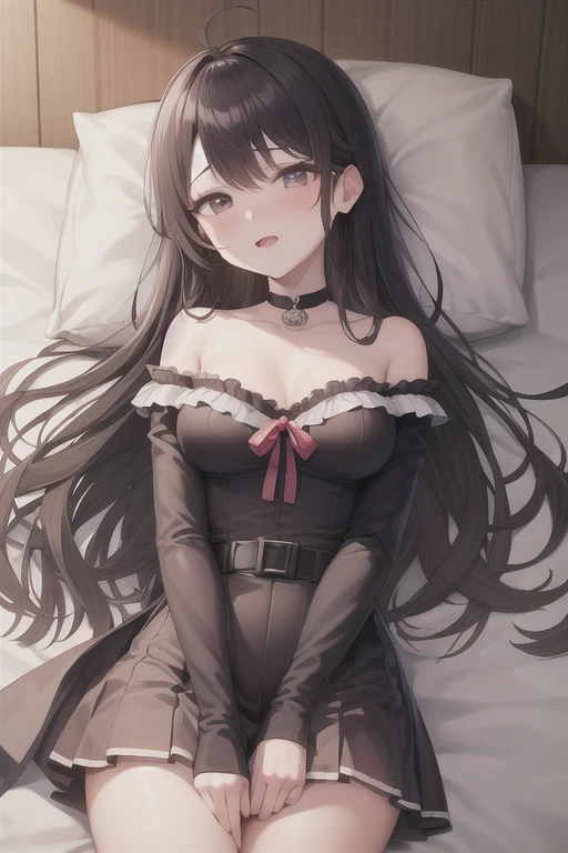 ((SD Art、cute little、Chibi Character))、​masterpiece、hight resolution、the detail、真实感、Best Quality、1girl in、22year old、Floral hair ornament、Medium straight hair、embarrassing smile、slightly larger udder、cleavage、Sheer mini skirt、No panties、Round buttocks、wet thighhighs、Innocent、agitation、Romantic landscape、Lie on the bed and open your legs