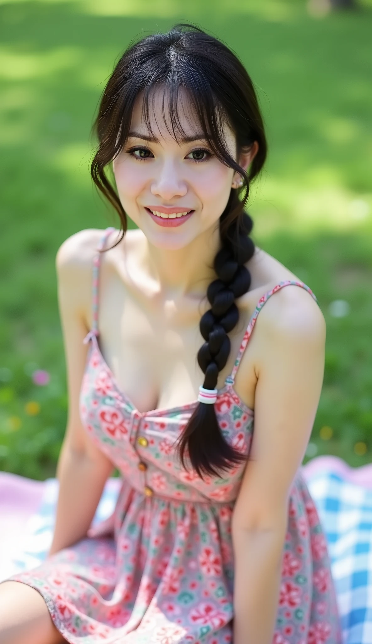 A photo of a TOK person, 1girl, 20 years old, tall and attractive, wearing a cute country dress, hair braided, standing in a rustic farm setting. She has a soft, gentle smile and expressive eyes. In the background are charming barns, golden wheat fields and clear blue skies. The composition should be bathed in warm golden hour light, with soft depth of field and soft bokeh to accentuate the idyllic tranquility. Capture images as if they were shot on vintage 35mm film for added oomph, filmg,
