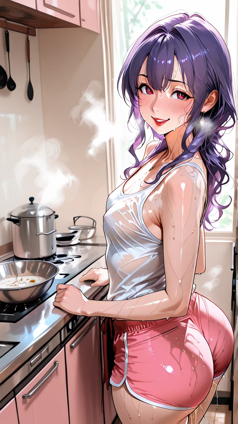 (high quality, 8k, 4K, high contrast, artwork:1.2, high quality, best aesthetics), ((1 woman)), erotic, sensual, mature body, super detailed, beautiful face detailed, beautiful eyes detailed, detailed beautiful mouth, sexy body, perfect breats, perfect wide thighs, (long, wavy dark purple hair), (dark purple eyes), (black lipstick), (serious facial expression), (naked with a long white kitchen apron), (standing), (centered) , (looking at the viewer), (kitchen)