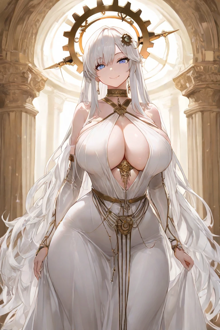 1girl, ((milf)), ((dark skin)), white hair, white stockings, bride, bridal outfit, unrealistically large extremely large breasts, ((nipples)), (huge titties), (large badonkers), ((gold eyes)),