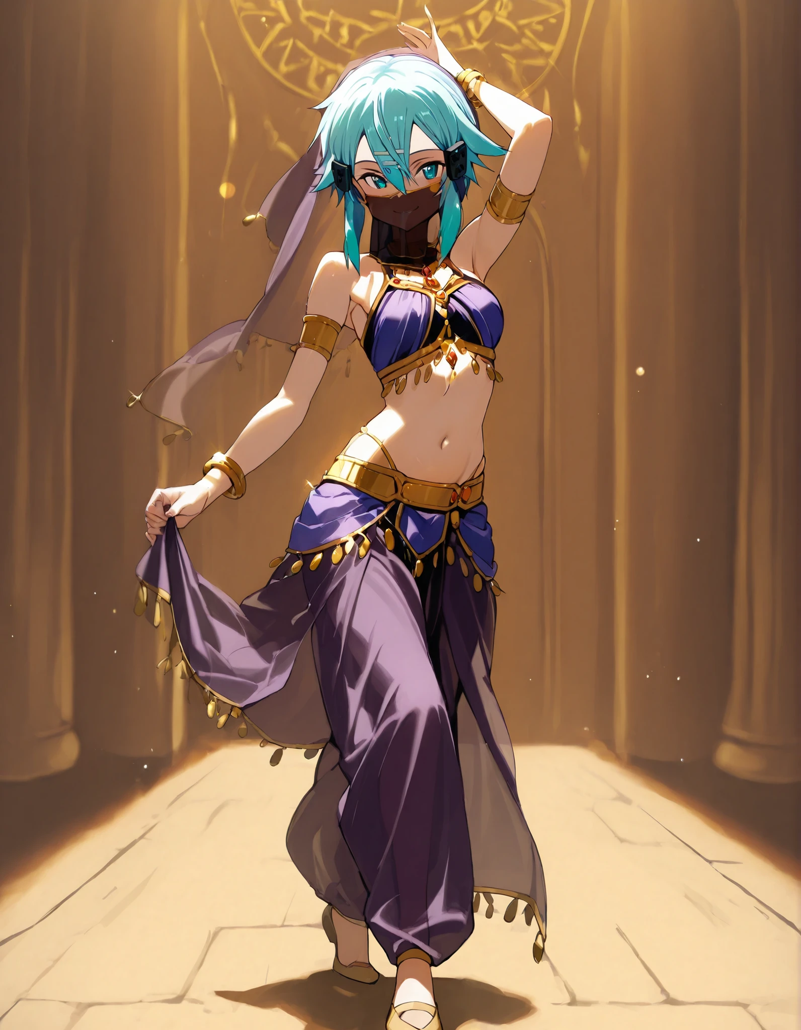 (1girl:1 . 5) , (Seul:1 . 5) , score_9 , score_8_haut , score_7_haut , source_anime , Official work , ultra-detailed , masterpiece , best quality selfie snapshot , high res , beaux yeux , detailed eyes , detailed face , beautiful detailed eyes ,Sword Art Online, Sinon,Arabian Clothes , Arabian Dancer ,belly dancer costume ,mouth veil,full body, golden jewelery,armlet, belly dancing,arabian theater, seductive smile, dancing with veil, dynamic movement,dance posture, seductive pose