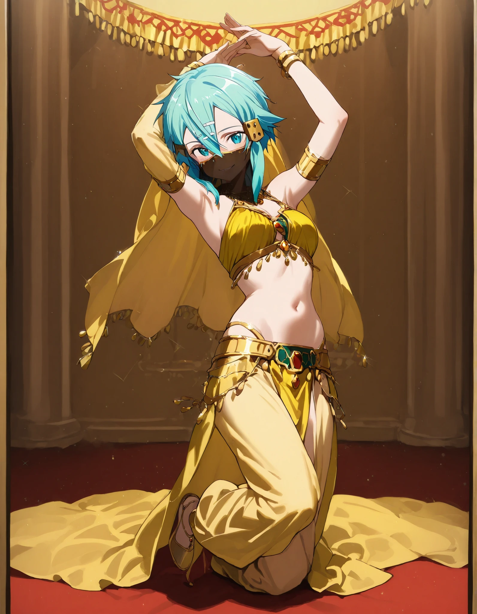 (1girl:1 . 5) , (Seul:1 . 5) , score_9 , score_8_haut , score_7_haut , source_anime , Official work , ultra-detailed , masterpiece , best quality selfie snapshot , high res , beaux yeux , detailed eyes , detailed face , beautiful detailed eyes ,Sword Art Online, Sinon,Arabian Clothes , Arabian Dancer ,belly dancer costume ,mouth veil,full body, golden jewelery,armlet, belly dancing,arabian theater, seductive smile, dancing with veil, dynamic movement,dance posture, seductive pose