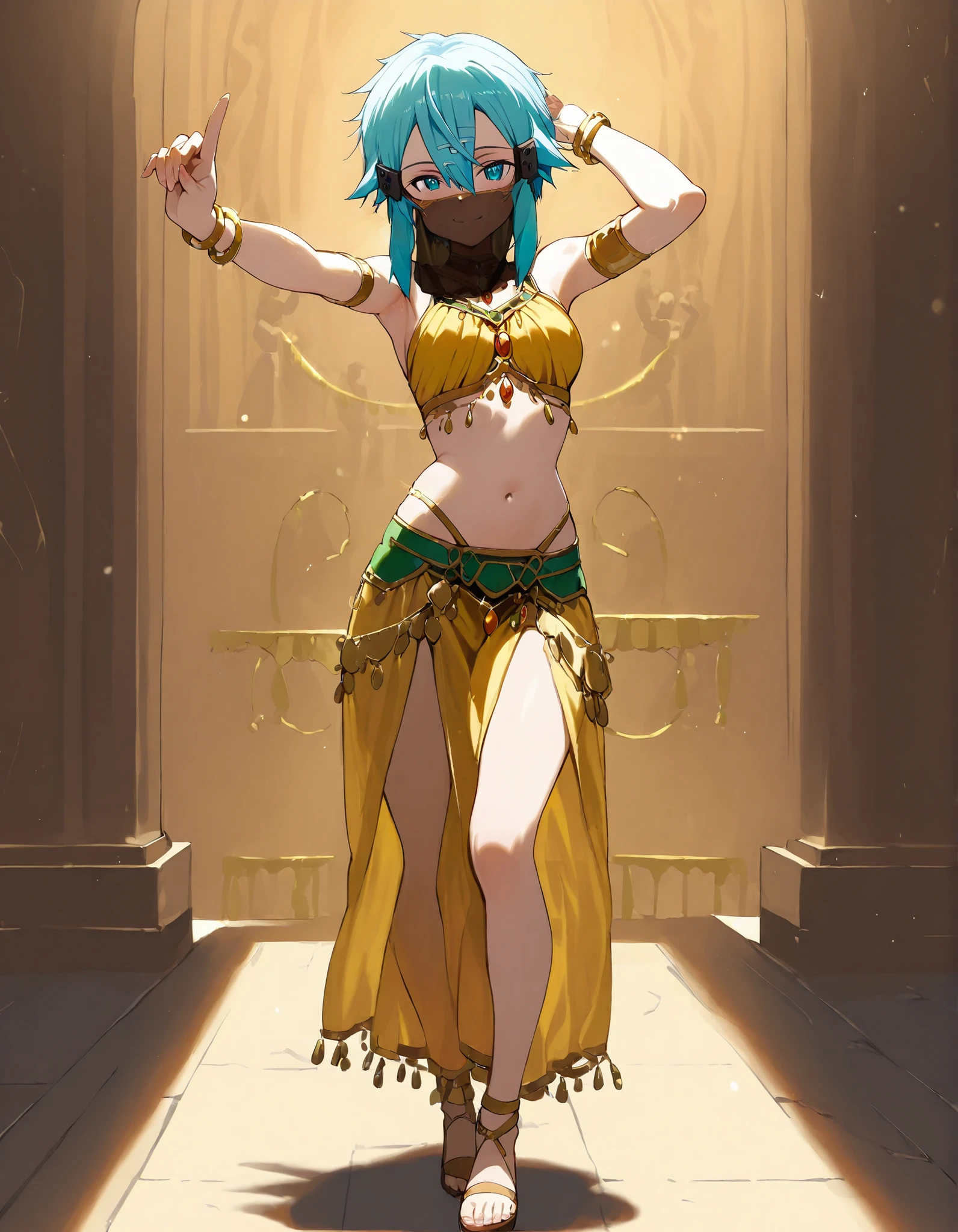 (1girl:1 . 5) , (Seul:1 . 5) , score_9 , score_8_haut , score_7_haut , source_anime , Official work , ultra-detailed , masterpiece , best quality selfie snapshot , high res , beaux yeux , detailed eyes , detailed face , beautiful detailed eyes ,Sword Art Online, Sinon,Arabian Clothes , Arabian Dancer ,belly dancer costume ,mouth veil,full body, golden jewelery,armlet, belly dancing,arabian theater, seductive smile, dancing with veil, dynamic movement,dance posture, seductive pose