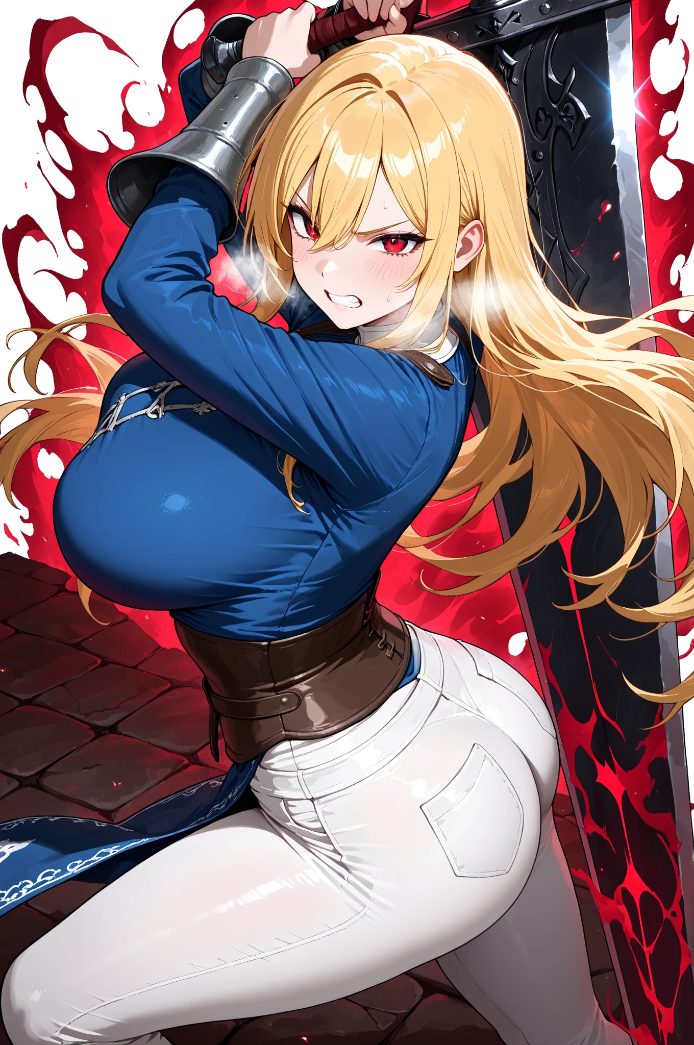 18 yo's girls, dark brown hair, Pandora clothes,sheen buson, gorgeous chunky body, angry expression, satellizer's outfit, her hands holding gigantic large knife, Sheen aura