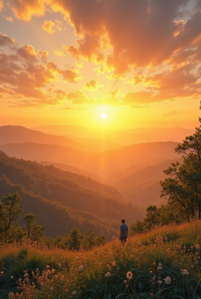 Golden sunset over a serene landscape, warm hues blending across the ...