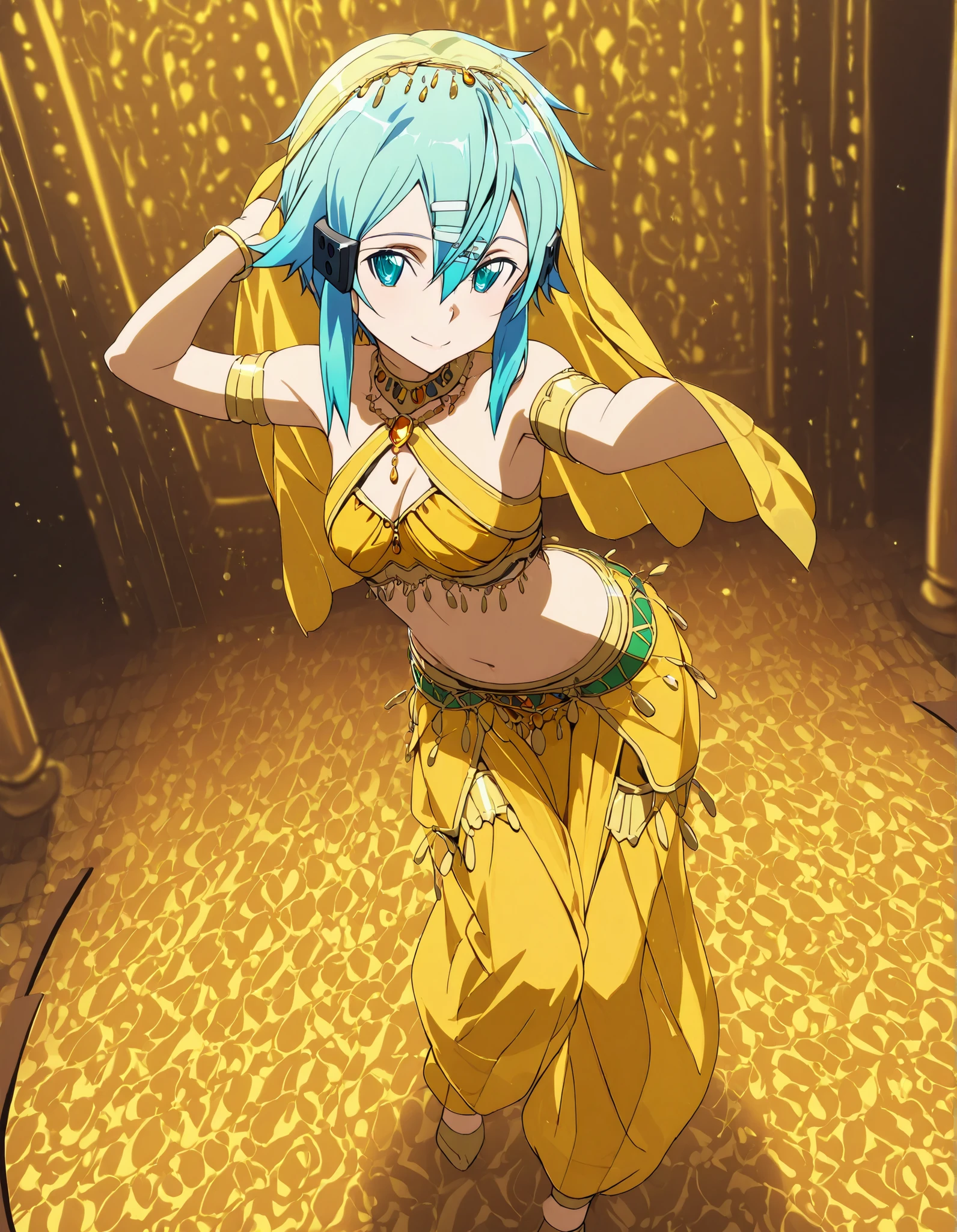 (1girl:1 . 5) , (Seul:1 . 5) , score_9 , score_8_haut , score_7_haut , source_anime , Official work , ultra-detailed , masterpiece , best quality selfie snapshot , high res , beaux yeux , detailed eyes , detailed face , beautiful detailed eyes ,Sword Art Online, Sinon,Arabian Clothes , Arabian Dancer ,belly dancer costume ,full body, golden jewelery,armlet, belly dancing,arabian theater, seductive smile, dancing with veil, dynamic movement,dance posture, seductive pose