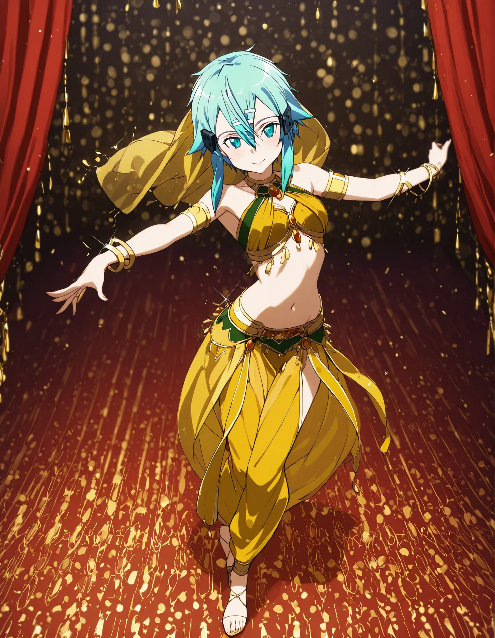 (1girl:1 . 5) , (Seul:1 . 5) , score_9 , score_8_haut , score_7_haut , source_anime , Official work , ultra-detailed , masterpiece , best quality selfie snapshot , high res , beaux yeux , detailed eyes , detailed face , beautiful detailed eyes ,Sword Art Online, Sinon,Arabian Clothes , Arabian Dancer ,belly dancer costume ,full body, golden jewelery,armlet, belly dancing,arabian theater, seductive smile, dancing with veil, dynamic movement,dance posture, seductive pose