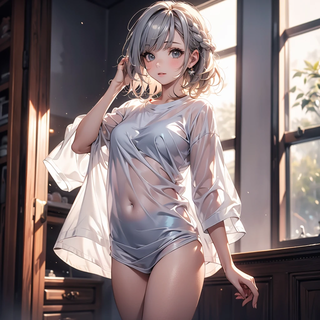 ((((masterpiece, best quality, high resolution)))), 1girl, white hair, red eyes, short wavy hair, average breasts, blush, ahegao, angry, glow, thighs, bare shoulders, collarbone, narrow waist, cleavage, (beautiful detailed face, beautiful detailed eyes), night time, bathroom, after shower, (see-through silhouette:1.2), see-through, oversized white shirt, wet, dripping wet,