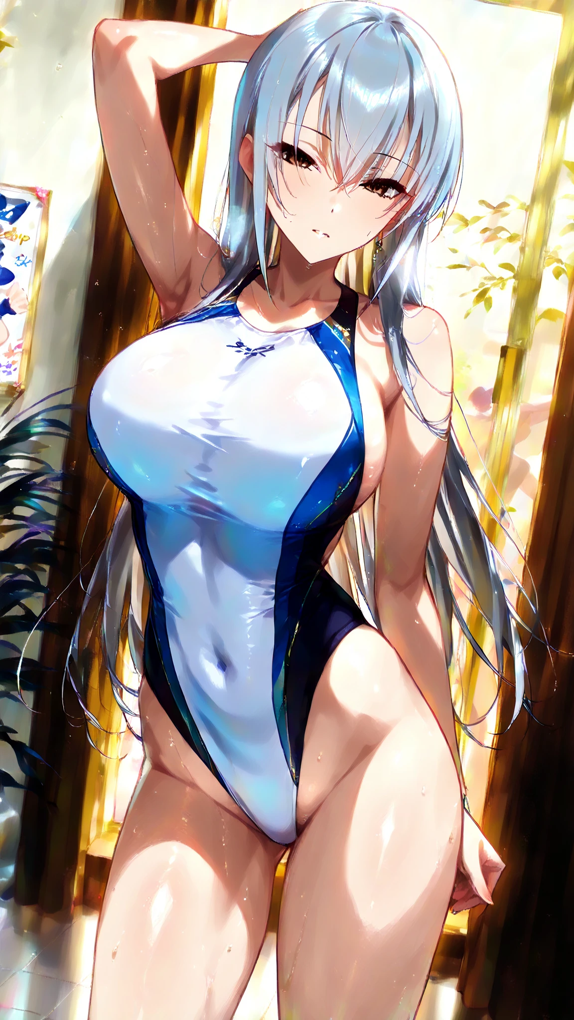 ((Highest quality)), ((masterpiece)), (detailed), Light colored long hair, Braided long hair, ((dickgirl)), The most beautiful girl in the world, ((White penis growing from crotch)), Small breasts, shiny thin swimsuit, (puffy nipples), Blushed, Big moist eyes, Long eyelashes, shoot from above, ((Cum from 4 penises)), group sex