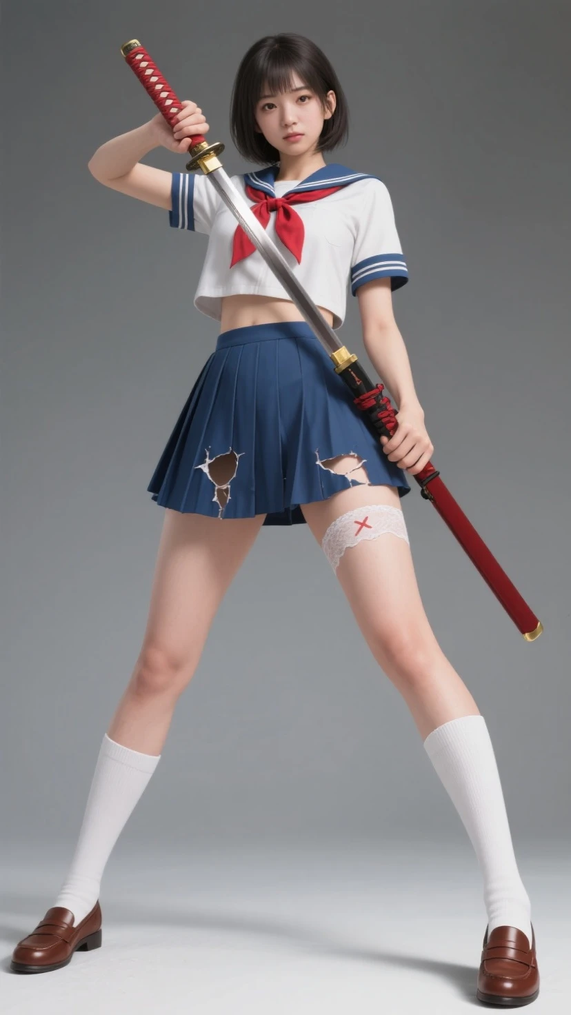 A striking 3D render of a mean-looking, attractive young woman who is the leader of a Sukeban gang. She has a distinctive scar across her left eye, adding to her fierce appearance. In her hand, she holds a baseball bat wrapped in menacing barbed wire. Her attire is a mix of a uniform and the rebellious Sukeban style, with her skirt rolled up and knee-high socks. She exudes a serious and intimidating aura, symbolizing the rebellious spirit of the Sukeban gangs., 3d render, anime