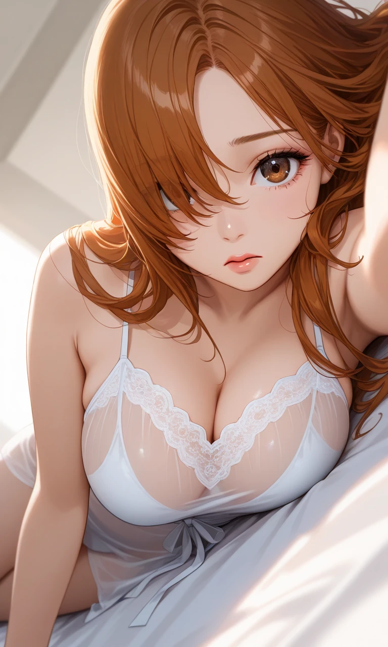 (masterpiece:1.5), (photorealist), (bestquality), (highlydetailed), (ultra-detailed), (1girl:1.2), ((solo girl)), ((cowboy shot)), (curvy:0.7), ((large breasts)), cleavage, smile, blush, ((thick thighs)), (long ginger hair), (blue eyes) ((laying on bed)), (white bra), (white panties), cameltoe, ((best composition))