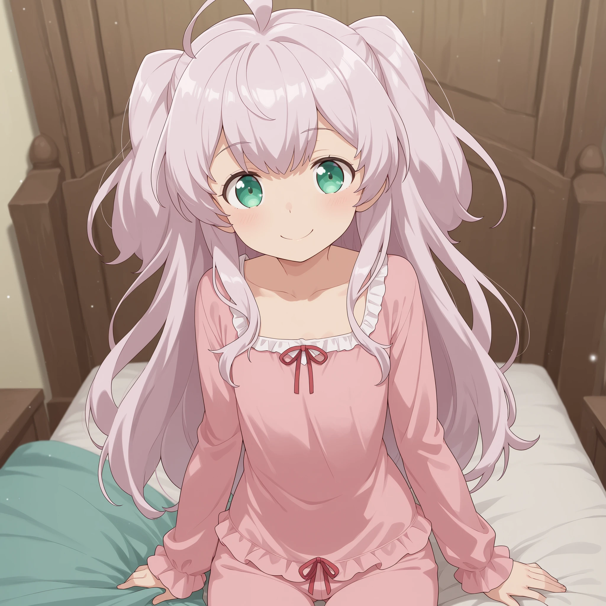 Adele von Ascham, pink hair,green eyes, petite, flat-chested girl, happy, looking at viewer, pink pyjamas, bedroom