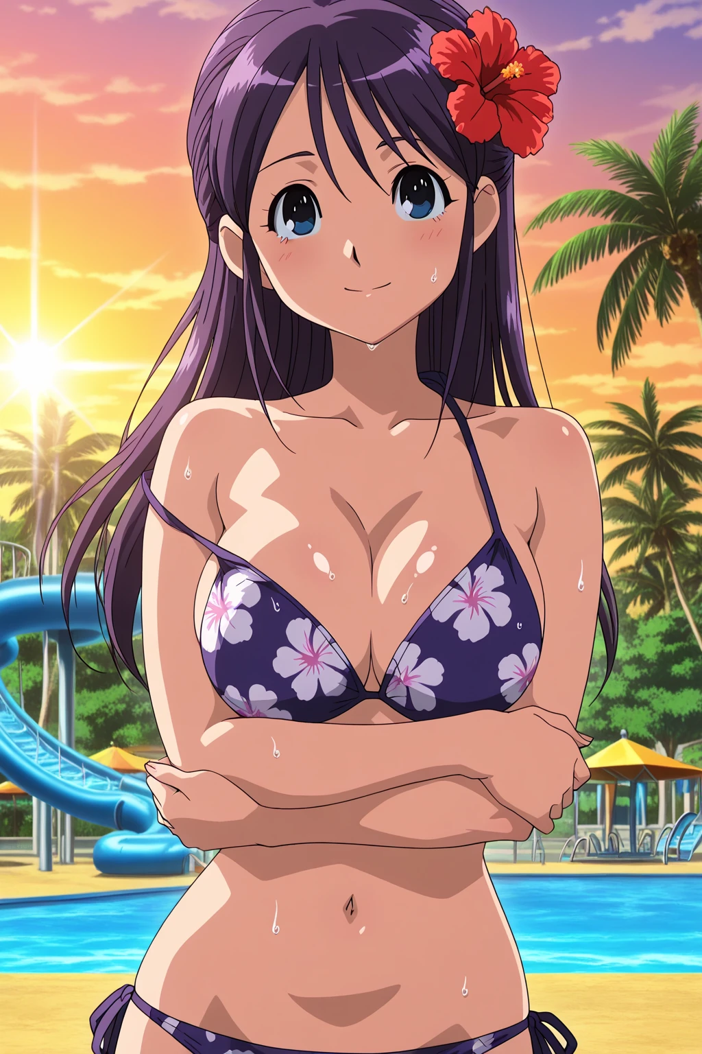 realisticlying，extremely detailed CG、high resolution、absurderes:1.8、detailed background:1.3、beautiful detailed hair、、、、1woman, attire: black bikini、middlebreast、 (((brown-eyed、 sunny sea))), Purple hair, Medium Hair, cross necklace, slim waist、((Misato katsuragi))、NERV、Perfectly detailed face、(blush:1.3, sunny sea),
