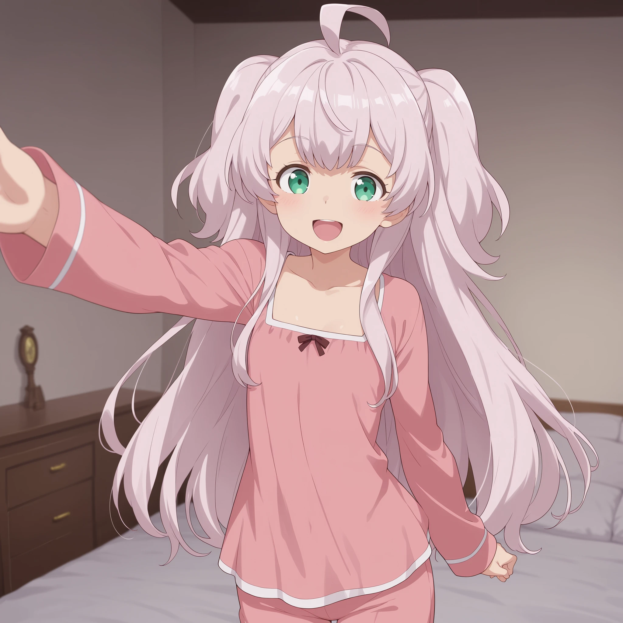 Adele von Ascham, pink hair,green eyes, petite, flat-chested girl, happy, looking at viewer, pink pyjamas, bedroom