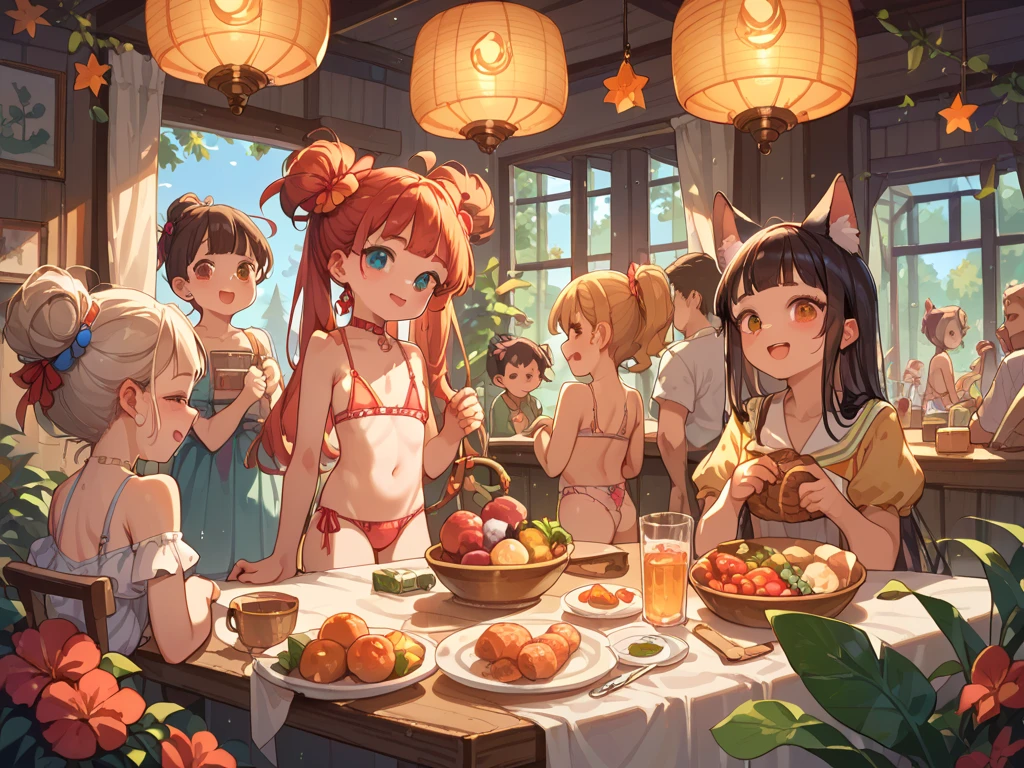 superflat, flat shading, flat colors, (low table full of dishes, plenty of dishes, stacks of food), room, 3girls, young teen, petite, (elf ears:1.0), naked, white  panties, white bra, closeup, smile, eating, (sitting on floor), by a low table, (a giant pile of food on low table), look away, front view, view from above, big window, christmas tree, cozy, wide angle, fisheye, vibrant colors, bright, white, watercolor