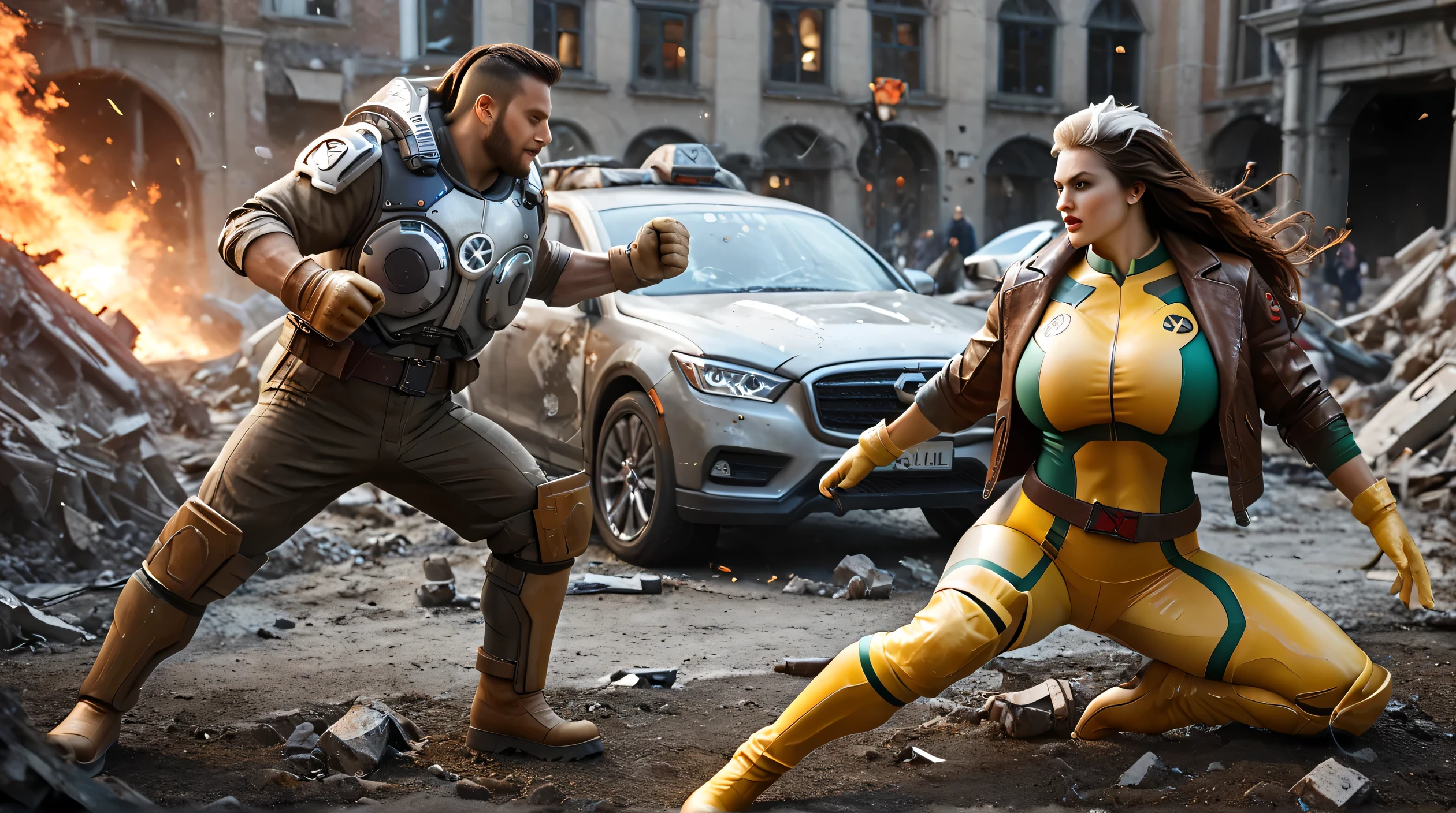 2 characters, 35mm masterpiece, best quality, super high resolution photorealistic bokeh shot, xmen_rogue, long brown hair with white streak, extremely curvy frame, hyper detailed, intricate facial details, gigantic breasts, huge ass, wide hips, thick thighs, green and yellow bodysuit with leather jacket and gloves, knee high boots, very muscular, mid-punch in brutal combat, close to her is a enemy soldier ready to fight her, Rogue’s fist slamming into the jaw of the heavily armed enemy soldier, armored enemy twisting violently from the impact, debris and dust exploding around them, cinematic brutal fight scene, dark city street with burning cars and rubble