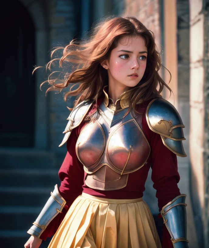 warrior, 1girl, armor gold, skirt red, ((realism)), extremely high quality RAW photograph, ultra detailed photograph, sharp focus, high resolution, (detailed skin:1,3),high quality, film grain, Fujifilm XT3,Highly Detailed, movie,