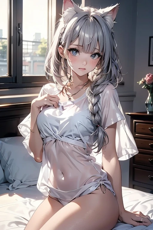 The color palette exudes a soft and harmonious ambiance, with pastel hues and gentle gradients. The lighting emphasizes the girl's beauty, casting a soft glow that accentuates her features and creates an ethereal atmosphere.Underwear, white underwear, lace lingerie and the minute textures of the flowers. The color palette exudes a soft and harmonious ambiance, with pastel hues and gentle gradients. The lighting emphasizes the girl's beauty, casting a soft glow that accentuates her features and creates an ethereal atmosphere.Underwear, white underwear, lace lingerie