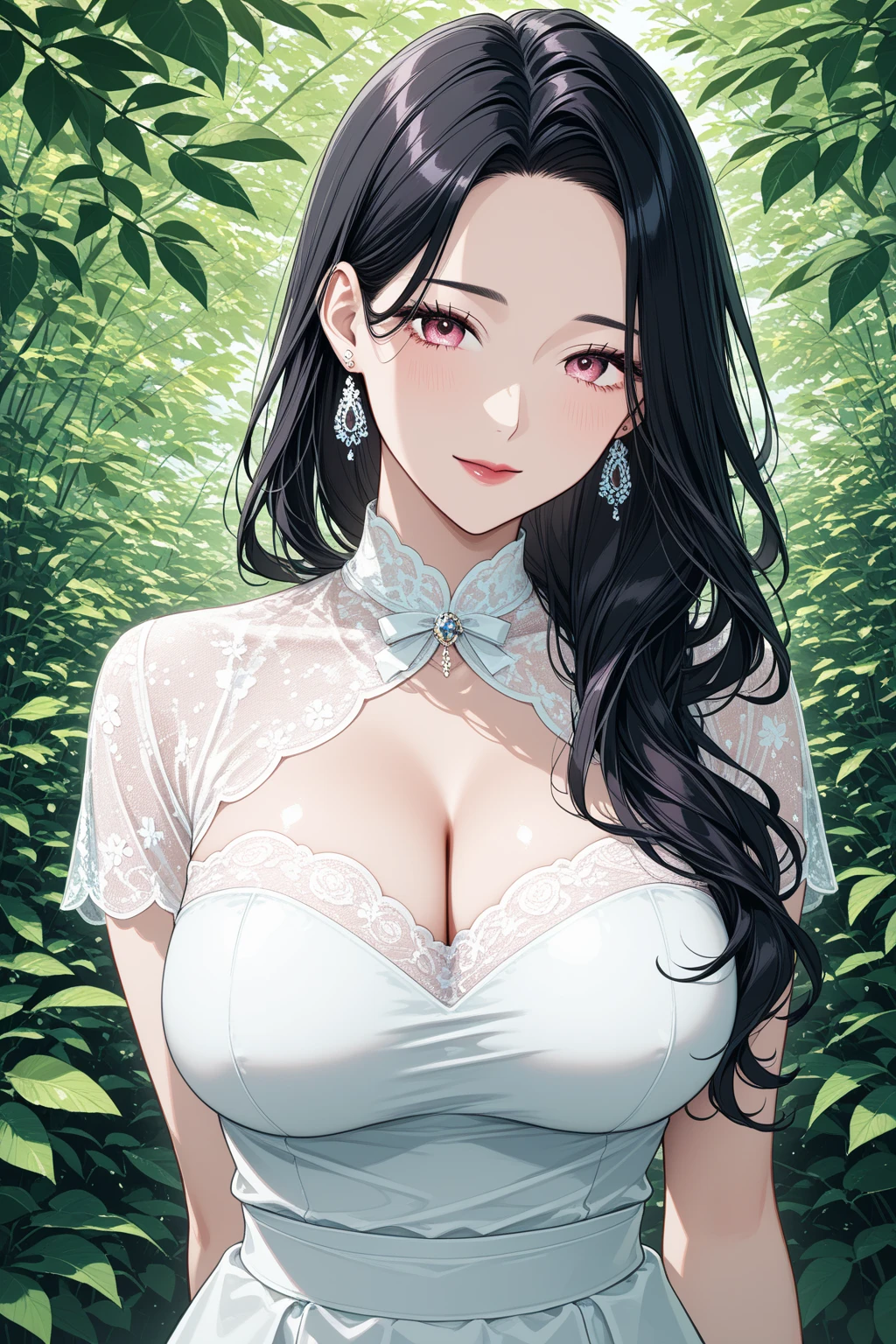 <lora:atdan_style_v08:1>, upper body, solo, 1girl, looking at viewer, smile, blush, large breasts, foggy atmosphere, False_Bird_of_Paradise \(flower\), floral background