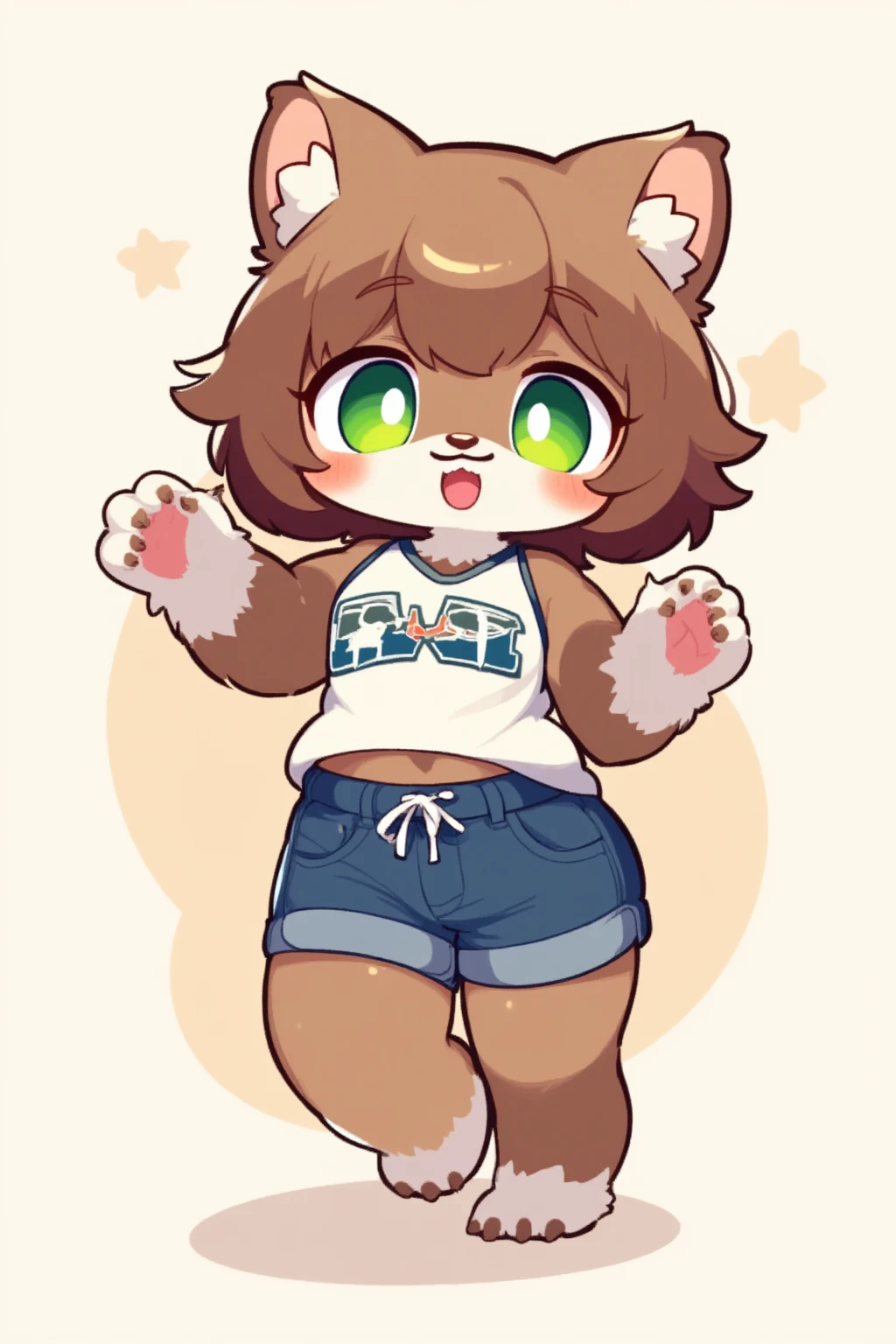 boy, squirrel, furry, bodyfur, camisole, bottomless, diaper, gloves, boots, chibi, happy, sparkling eyes