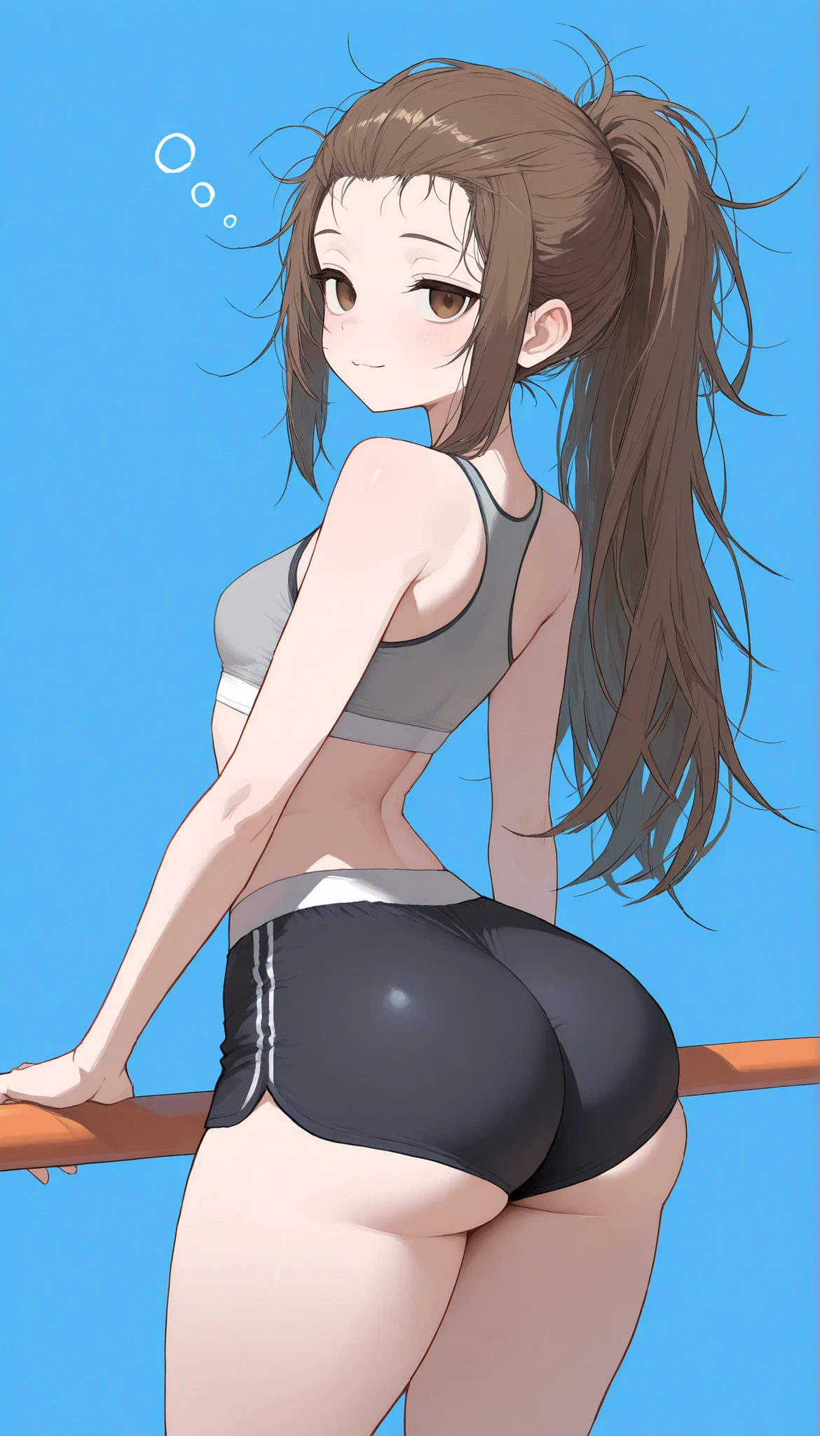 tosen jordan \(umamusume\) in sexy mini shorts and sports bra, crouched deadlifting with a bar with her back facing a gym mirror, sweating, High Resulution, UHD, detailed image.