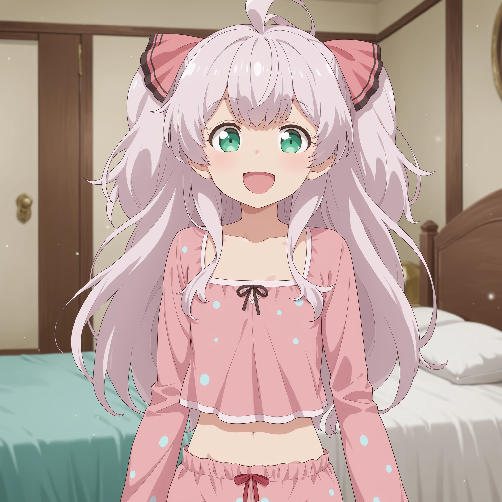 Adele von Ascham, pink hair,green eyes, petite, flat-chested girl, happy, looking at viewer, pink pyjamas with blue dots, bedroom,Pajama Design,4K, midriff