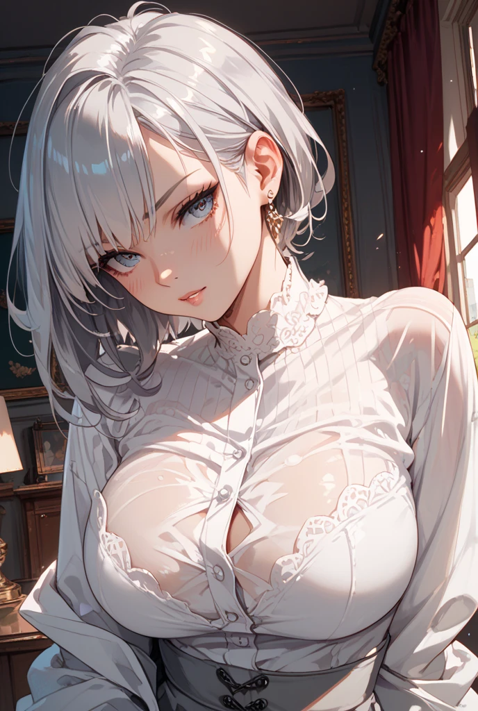 young,White Rose,Blood,Low screen contrast,high brightness,White hair,Soft Light,Soft Focus,romanticism, anime big breasts, Impressionism, Movie Lighting, close up, Ultra HD, masterpiece, High Detail