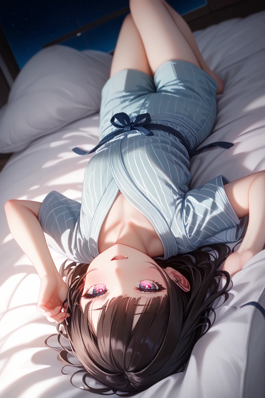 super high quality, girl, 20-year-old, とてもshort hair, long bangs between the eyes, very detailed,(masterpiece、highest quality)、alone、dark grey, silver hair, gray eyes, beautiful eyes,、short hair,blue sky , sunlight,fantasy landscape,smile、I can see your chest、white pajamas、inside the room、sleep in bed