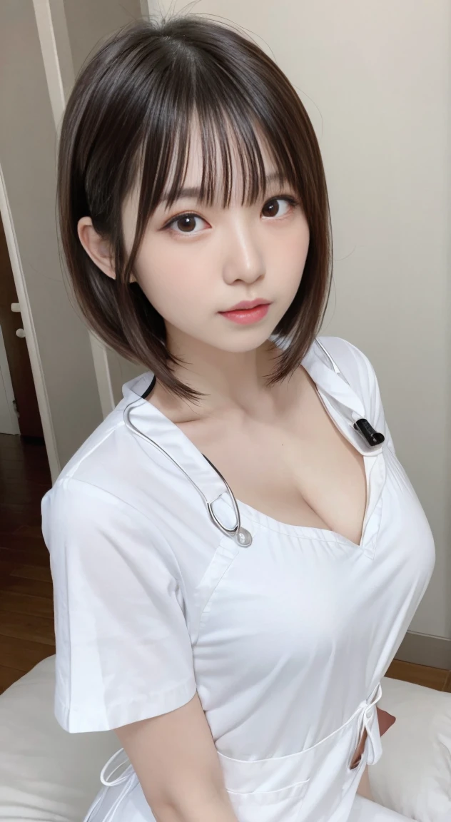 (1 Girl)、(Beautiful Japanese、18years old,round face、Refreshing、clear、seems kind、stylish、Pitiful、cute like an angel、cute、black eyes、,actress,Almond-shaped eyes,Translucent white skin、Beautiful skin), Good style , (((Beautiful big breasts:1.2))),(((soft breasts))),(very cute),(Black hair),(short bob hair),(enchanting eyes),(highlight on eyes:1.2)、(8K、Live shooting、highest quality、masterpiece:1.2、optimal lighting)、((masterpiece)),(Photo taken by a professional photographer),(real、photo real:1.4),break,{ (White nurse costume),(((taraditional nurse uniform)))},(tears:1.4))(cheeks are red:1.2), break, break,Old abandoned hospital,Face shot:1.3、looking at viewer, face close-up,Looking up、Cleavage:1.6、Peering in with a worried look on his face,(((Looking back))),