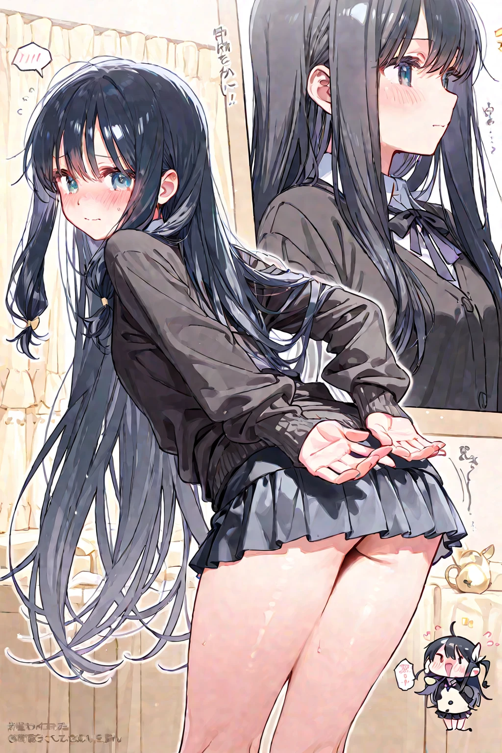 18 year old girl, large eyes, big eyelashes, thin eyebrows, half full cheeks, thick lips, curly black hair with accessories , using a long-sleeved crop top, showing the ass, pussy, calcetas largas blancas, black tennises