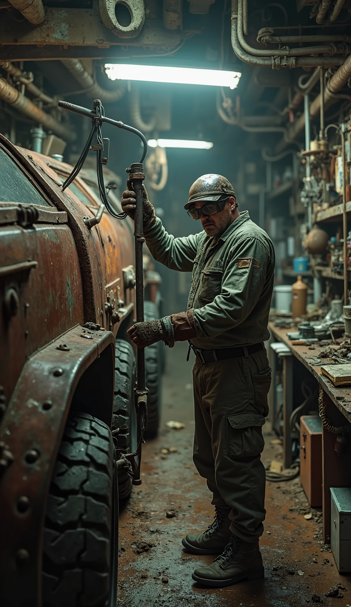 A grimy, determined human engineer, with welding goggles lifted - SeaArt AI