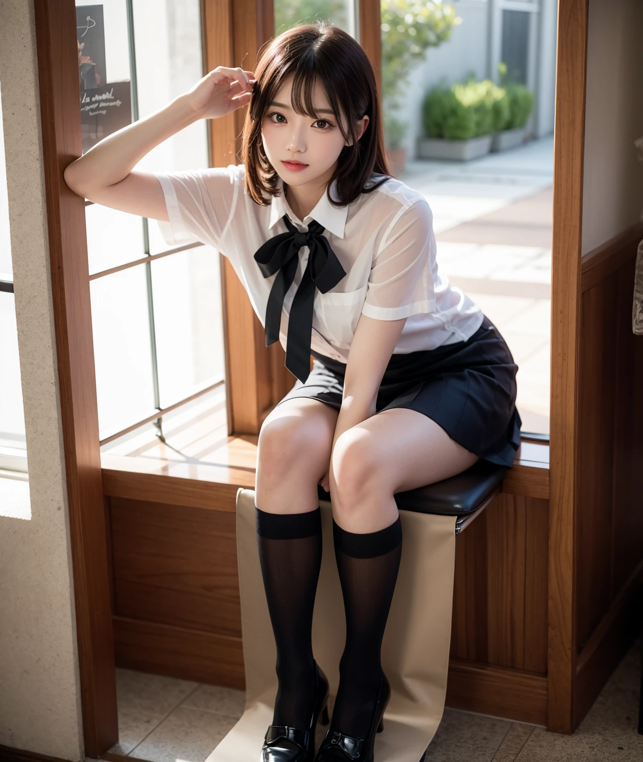 in 8K,top-quality,Real Image,intricate detailes,超A high resolution,Depth Field,masuter piece,natural soft light,profetional lighting,1 girl in,(cute little:1.2),an extremely beautiful 17-year-old girl,A detailed eye,((Brown-eyed)),(Brown hair),(short-haired),(bangslawless skin,shinny skin,fair white skin,Fine skin,large full breasts,((perfect anatomia,nice hand,perfect hand,Five fingers connected to the palm of the hand,accurate hands without incongruity)),Perfect raw legs,delicate legs,perfectly proportions,A sexy,Chest visible,((Japan schoolgirl uniform)),((School Uniforms mini Skirt)),(neck tie),Black socks,Chano Leather Shoes,Squatting deep in the city,The crotch visible,Show me your panties around town,both legs are bent,The legs are spread in an M shape,,I can see panties,Delicate thighs visible from the front