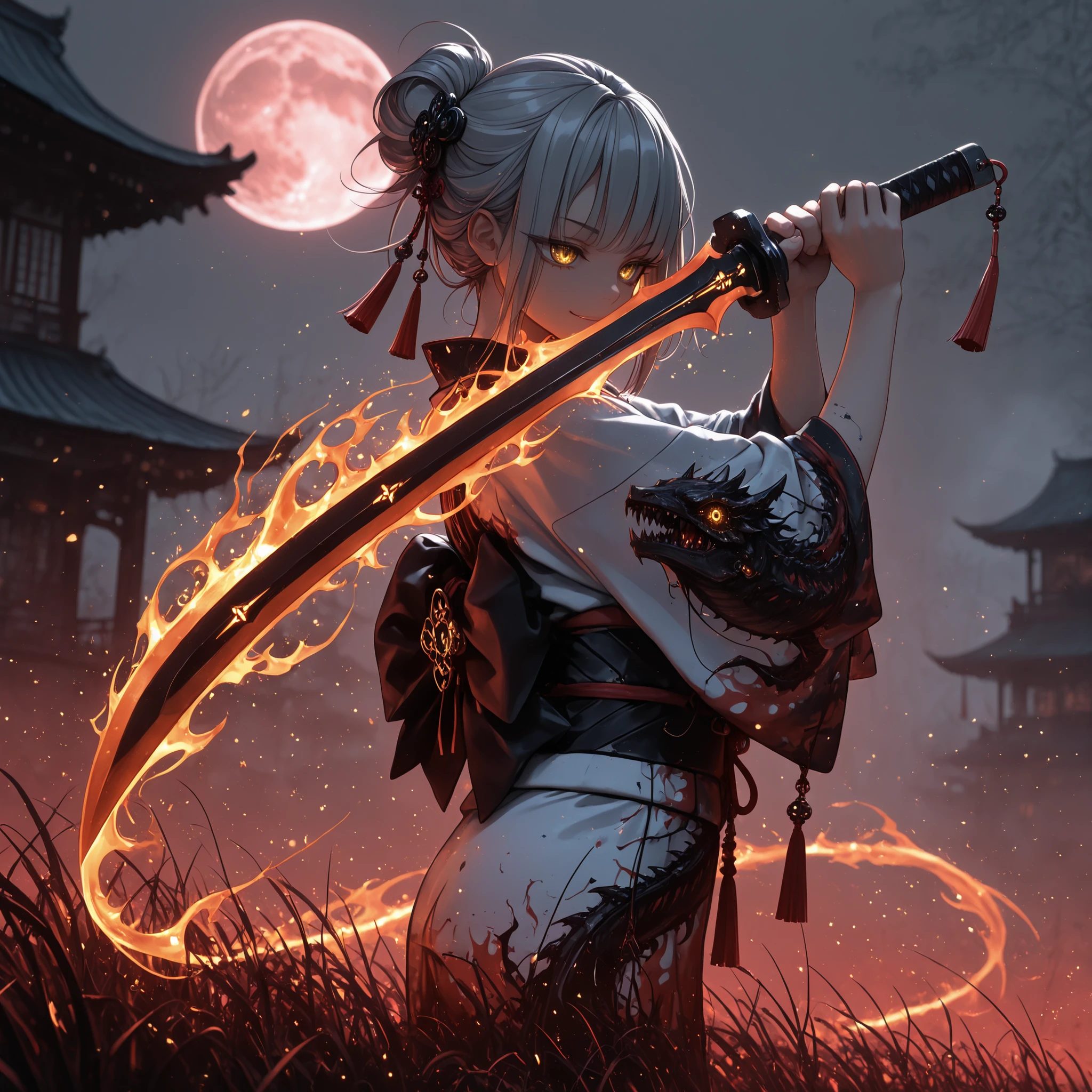 (masterpiece, Highest Quality:1.2), Great Quality, very美的, 32K, incredible_absurd, very_beautiful, (sharp detail:1.2), (sharp focus), detail anatomy, Correct Anatomy, perfect anatomy, very detail eyes, OFFICIAL ART, very detail hair, Ambient Occlusion, high resolution,
1girl,  Silver Hair, hair bun, golden eyes, side lock, Home Cut, short eyelashes, hair ornaments, growing eye, growing eye trails, Japanese Clothes, white kimono, print kimono, black print, growing, rimless, Obi , particles, (growing particles), Full Moon, Bright glow, Malicious Smile, hold up a weapon, knives, growing blade, growing flame, growing energy trails, Floating Hair, floating grass, detail, Sword_Tassel, cowboy shot, from the side, hands up,
detail, depth of field holding fish, (Nakamura_Regra :0.3), (Human blush :0.4), (laserflip:0.3), (shop for kittens:0.30), (W-GOOD:0.5), (red theme:0.9), fog, East Asian Architecture, 