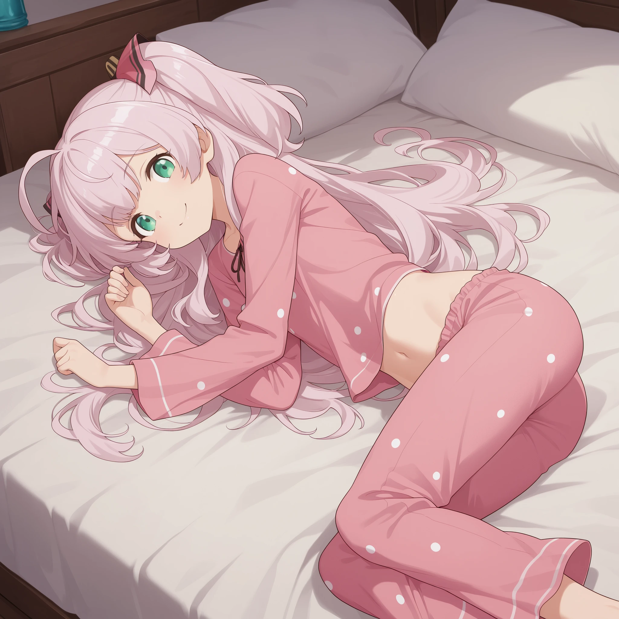 Adele von Ascham, pink hair,green eyes, petite, flat-chested girl, happy, looking at viewer, pink pyjamas with blue dots, bedroom,Pajama Design,4K, midriff, laying down on bed, laying on side, posing
